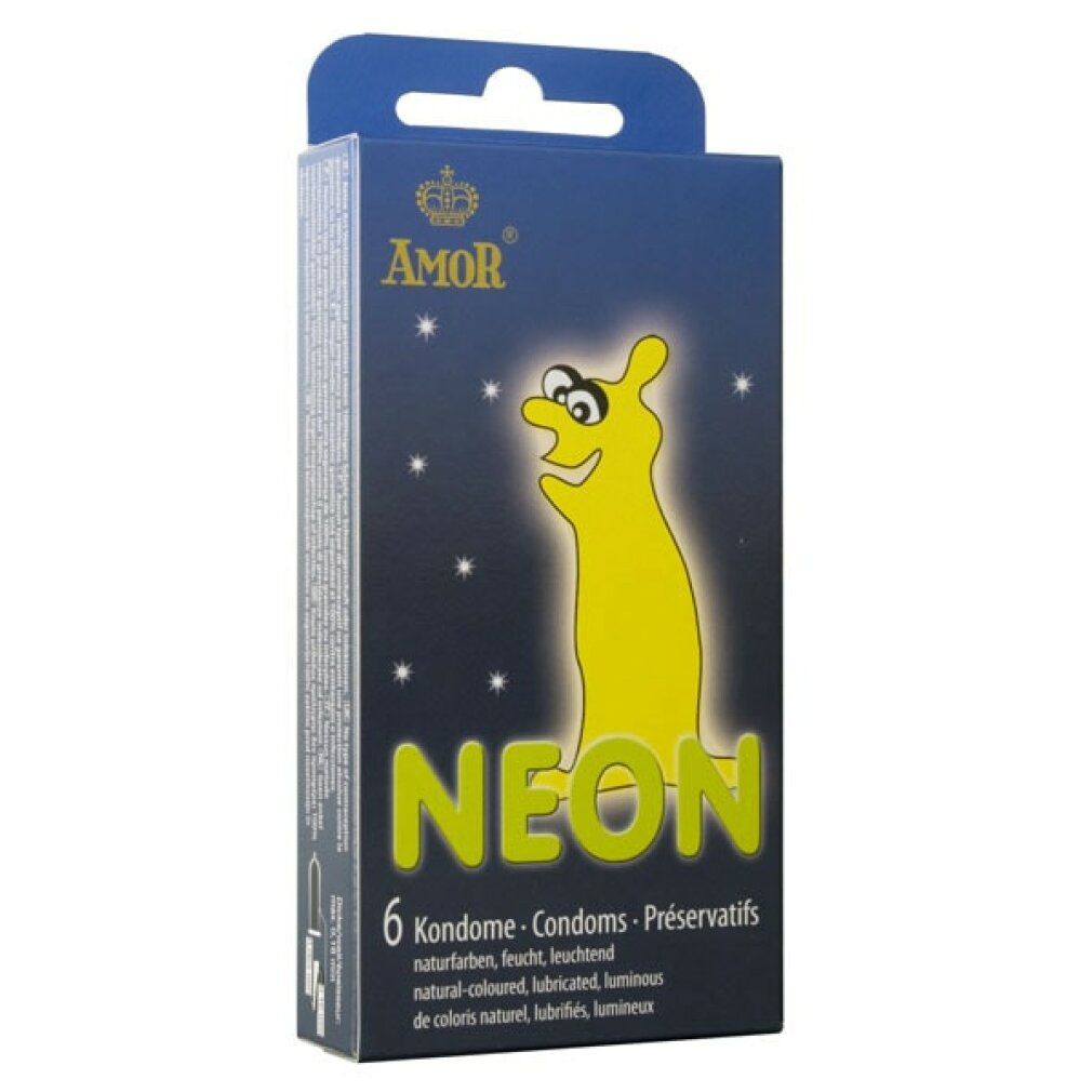 Schachtel mit Kondomen. Marke Amor Neon. Sechs Kondome, naturfarben, feucht, leuchtend. Abbildung eines gelben, leuchtenden Wesens.