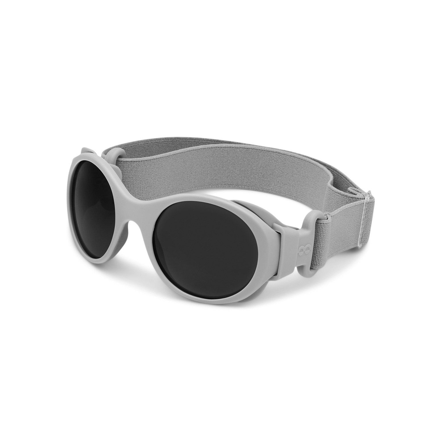 Graue Sonnenbrille mit schwarzem Glas und grauem Band. Ansicht von vorne.