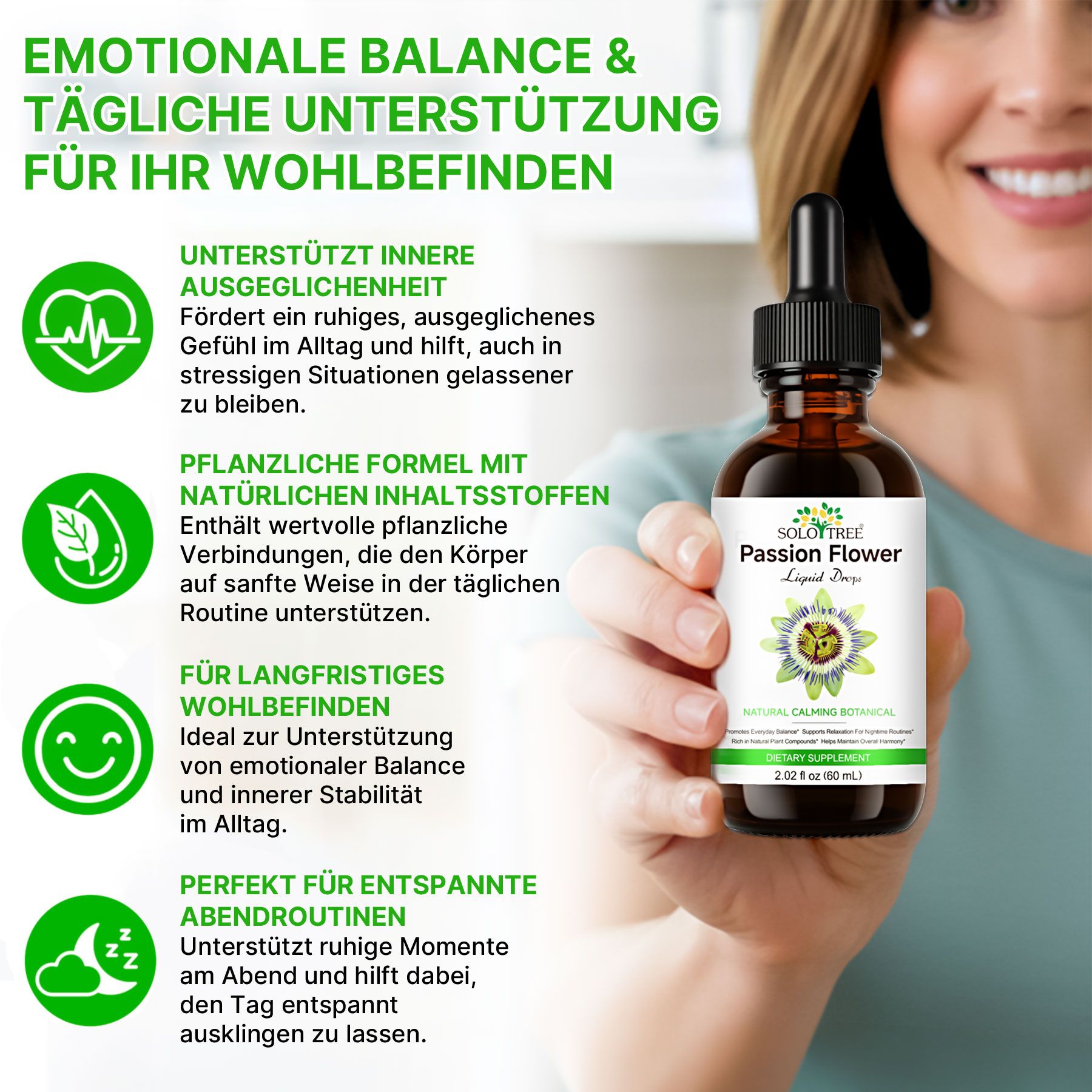 Eine Hand hält eine Flasche 'Passion Flower Liquid Drops' vor einem Hintergrund mit Symbolen für Wohlbefinden.
