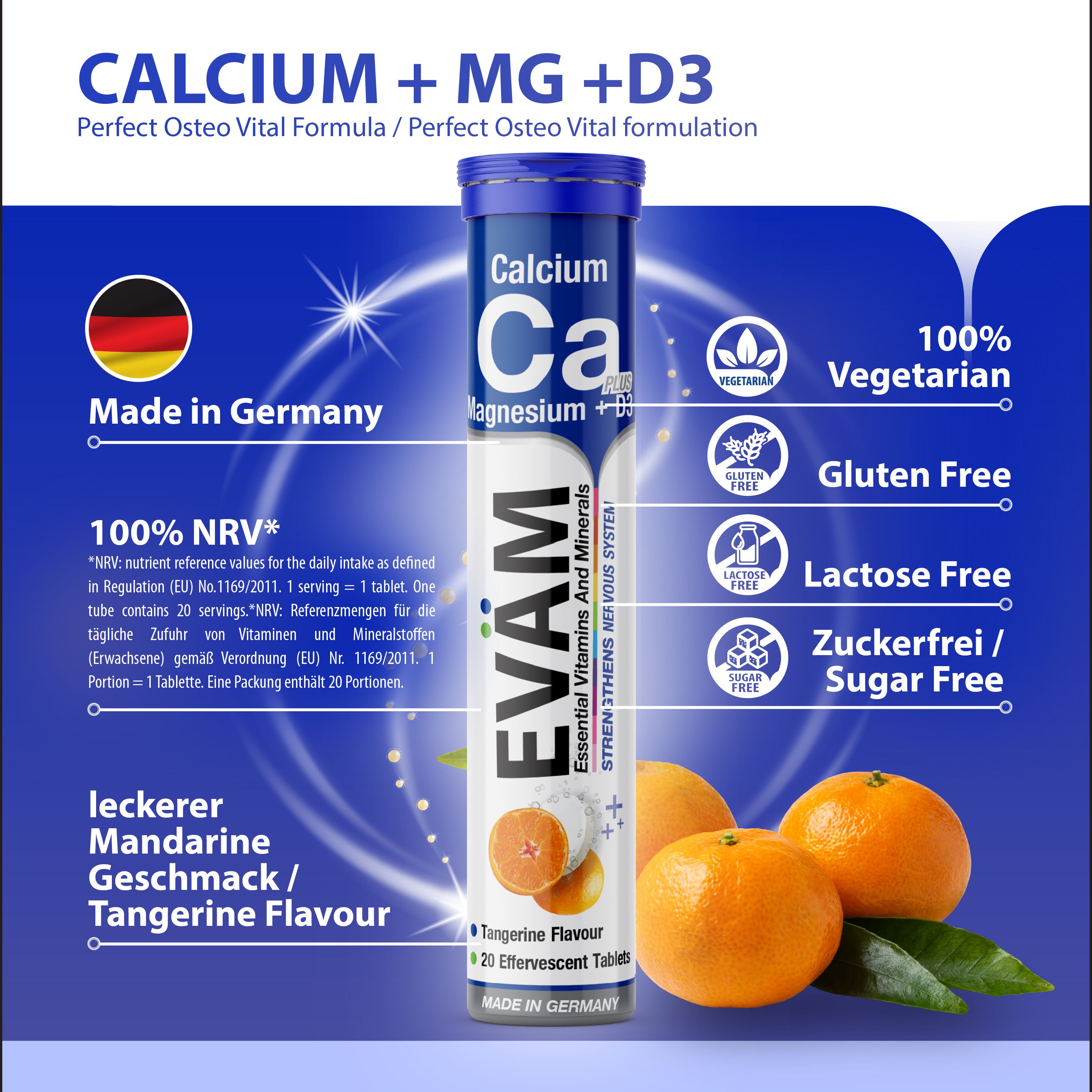 EVÄM Calcium + Magnesium + D3-Tube, Mandarinen-Geschmack. Mit Zertifizierungen: vegetarisch, glutenfrei, laktosefrei, zuckerfrei. Made in Germany.