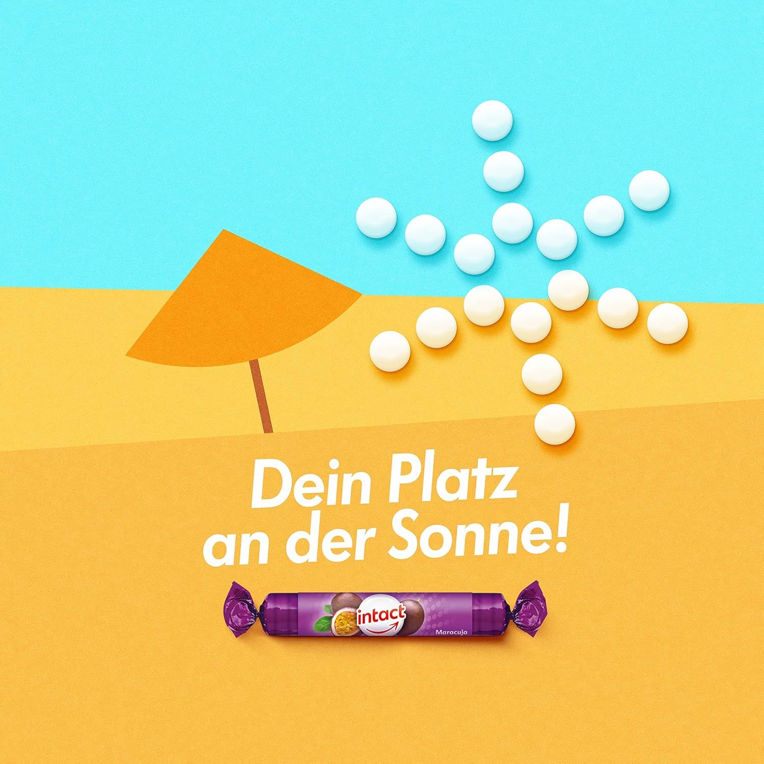 Eine Rolle Traubenzucker mit Maracuja-Geschmack, Sonnenmotiv und Sonnenschirm auf orange-blauem Hintergrund. Text: Dein Platz an der Sonne!