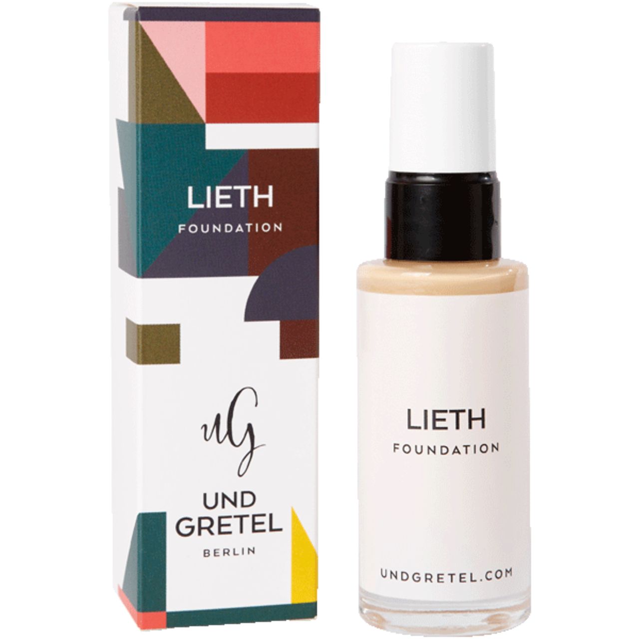 Make-up-Flakon und Verpackung. Aufschrift: LIETH FOUNDATION, undgretel.com. Verpackung mit Logo.