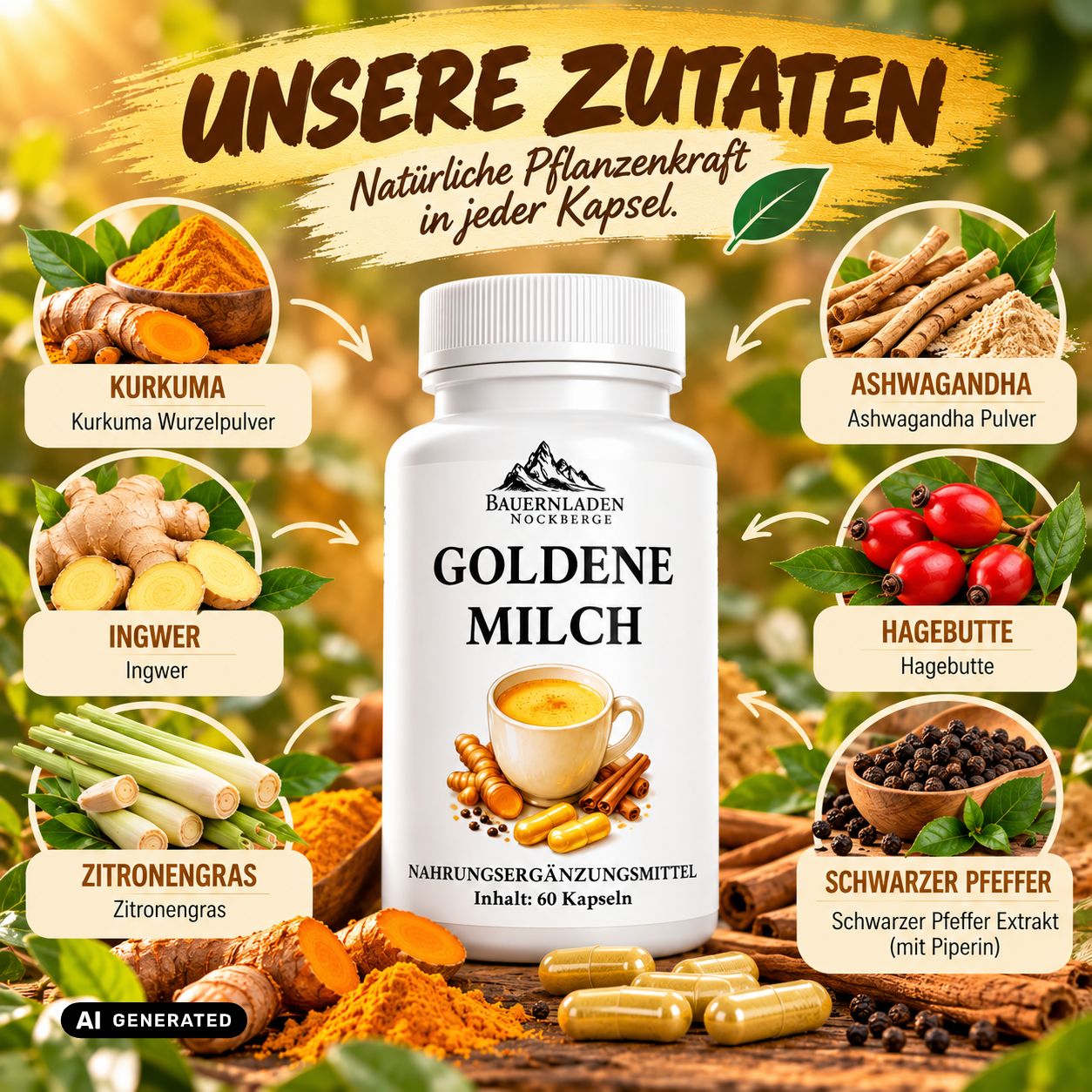 Flasche Goldene Milch Kapseln mit 60 Kapseln, mit Darstellungen von Kurkuma und Ingwer.