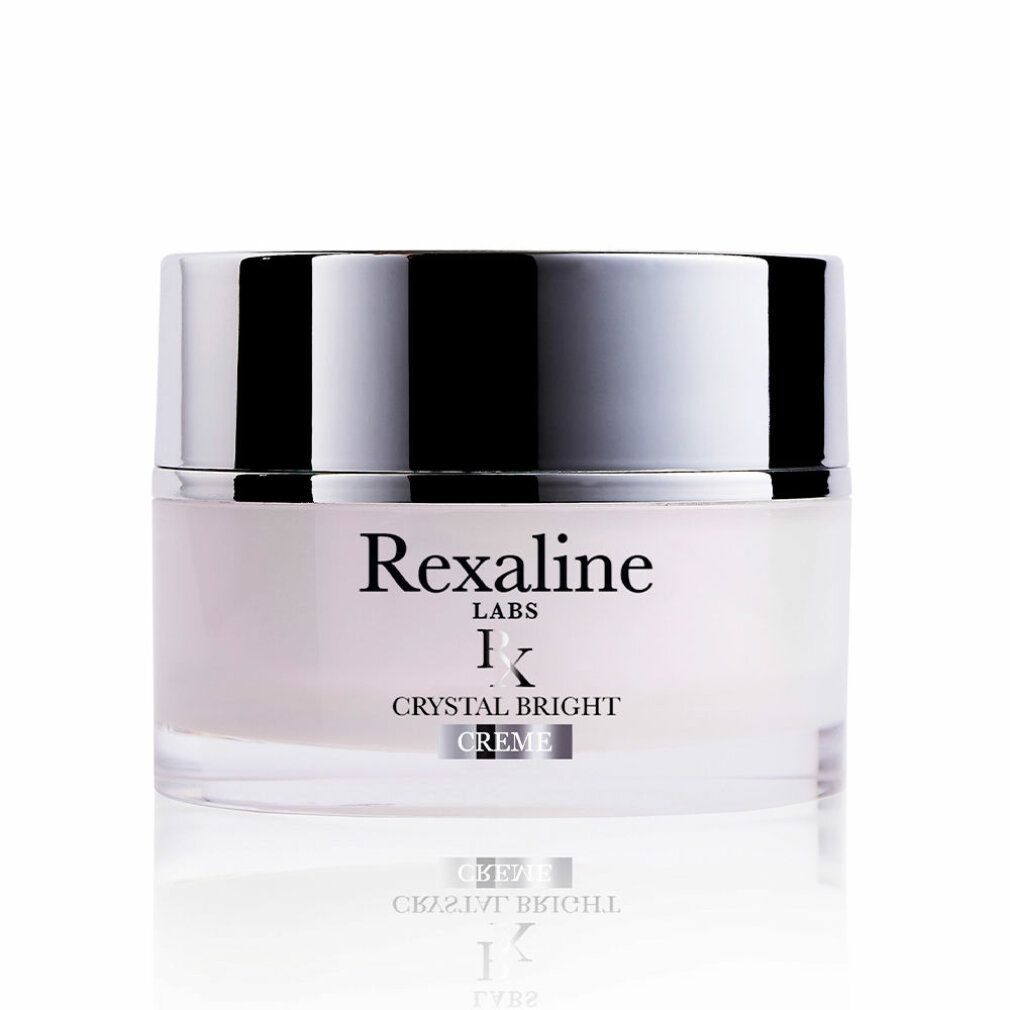Creme-Tiegel mit silbernem Deckel. Aufschrift: Rexaline Labs, Crystal Bright Creme.