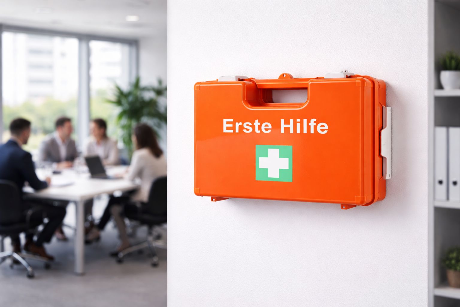 Orange Erste-Hilfe-Koffer an Wand. Text: Erste Hilfe. Büro-Hintergrund mit Personen.