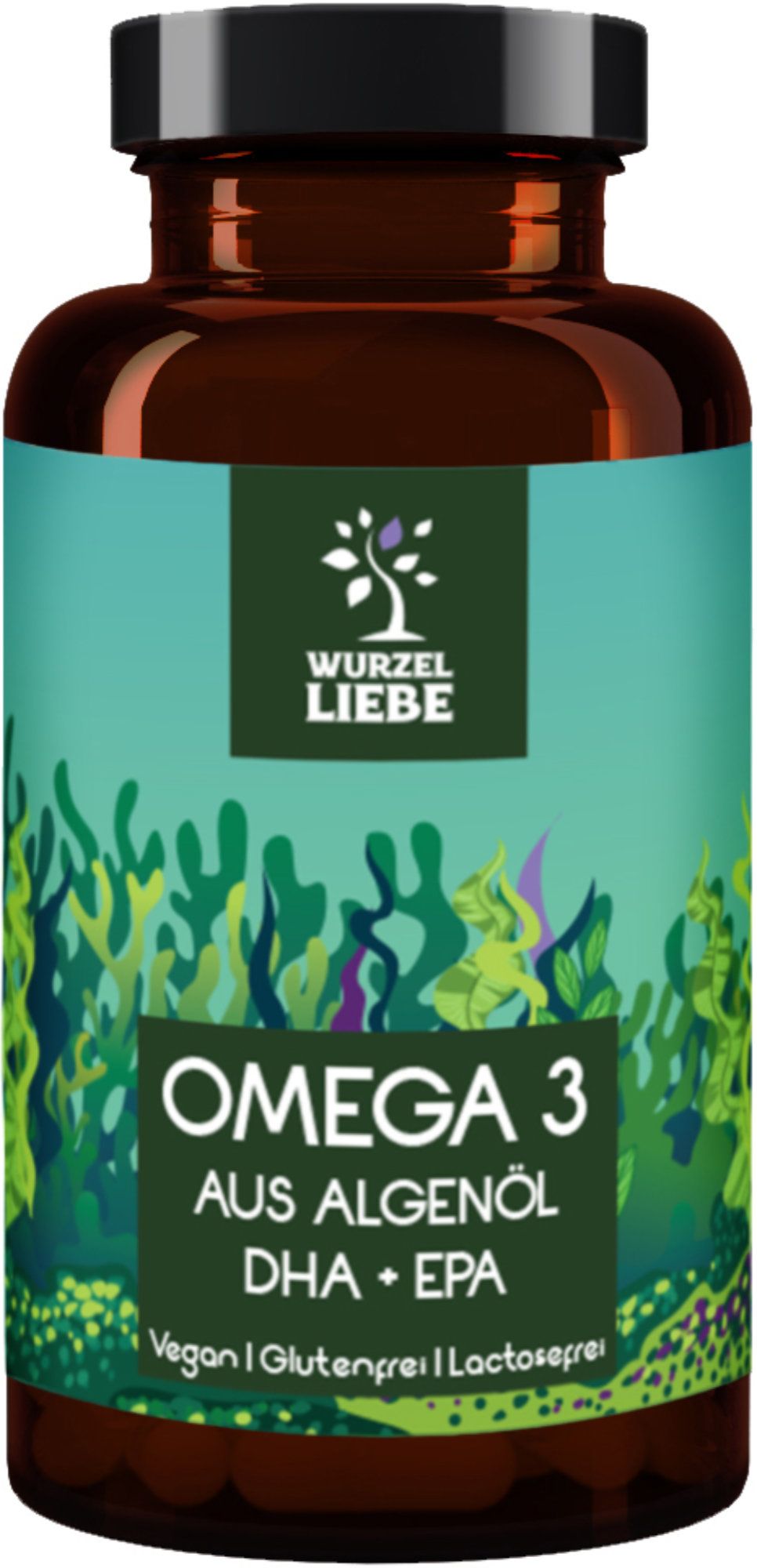Braune Glasflasche mit schwarzem Deckel. Aufschrift: WURZEL LIEBE, Omega 3 aus Algenöl, DHA + EPA. Vegan, glutenfrei, laktosefrei.