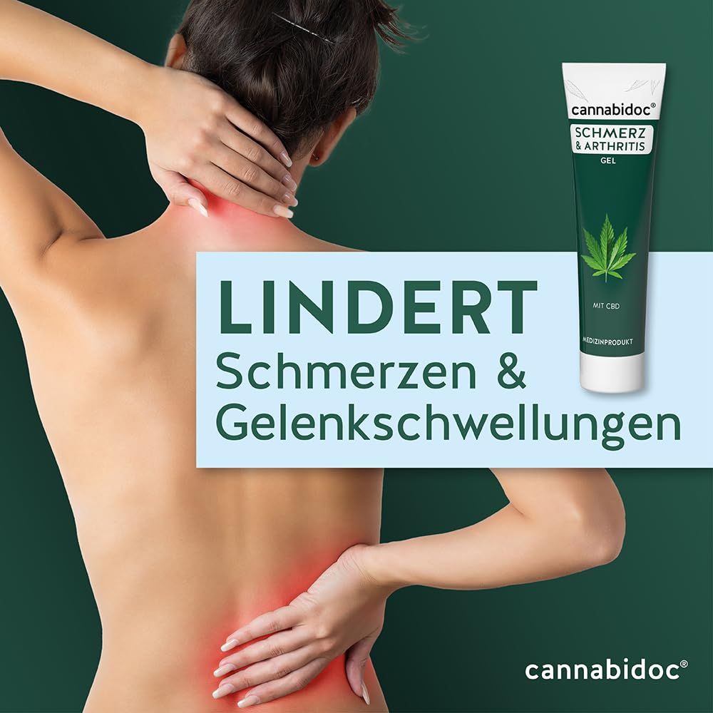 Gel-Tube mit Produktnamen und Logo. Text: Lindert Schmerzen & Gelenkschwellungen. Person mit Schmerzpunkten.