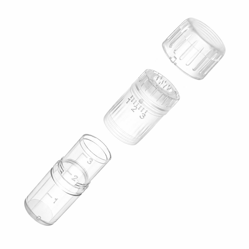 Zerlegte transparente Microneedling-Nadel. Besteht aus drei Teilen: Kappe, Mittelteil mit Skala, Basis.