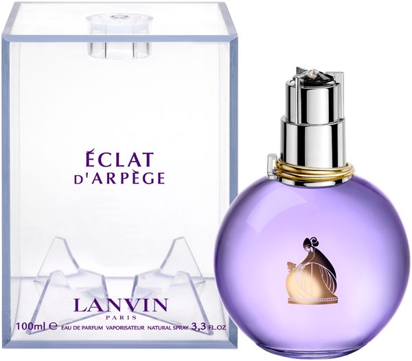 Lanvin Eclat d'Arpège Flakon und Verpackung. Flakon rund, violett. Verpackung transparent, rechteckig. Aufschrift: Eclat d'Arpège, Lanvin Paris.