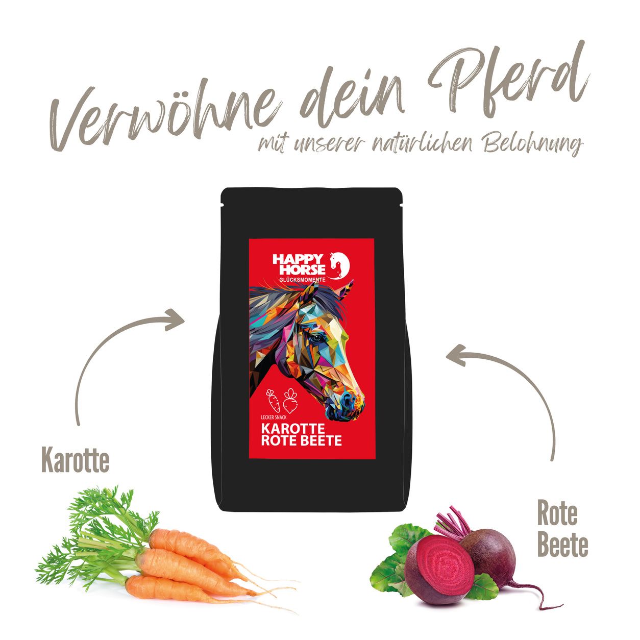 Happy Horse Lecker Snack Karotte Rote Beete Beutel mit Karotten und roten Beeten daneben.