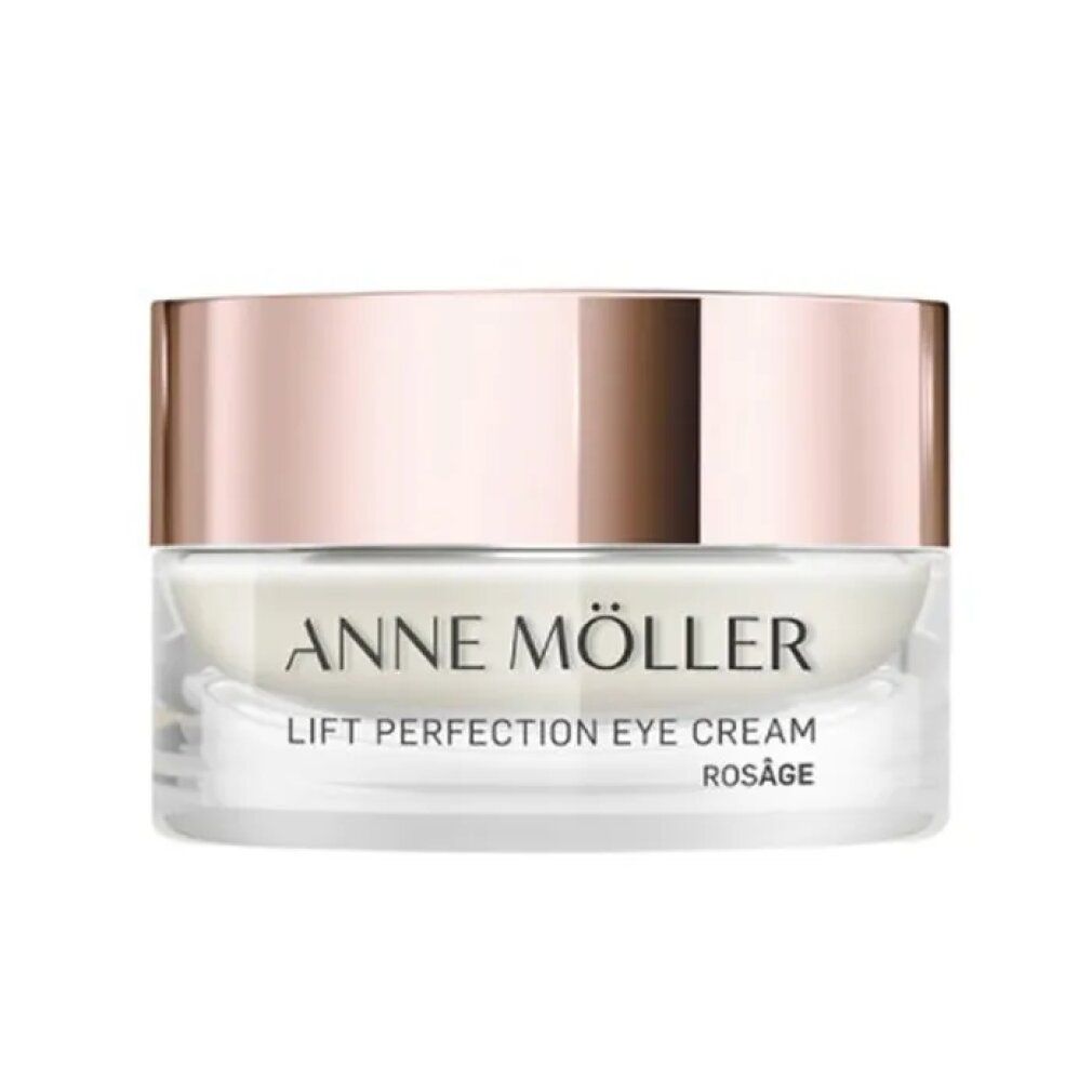 Creme-Glas mit roségoldfarbenem Deckel. Schriftzug: ANNE MÖLLER, LIFT PERFECTION EYE CREAM, ROSÂGE.