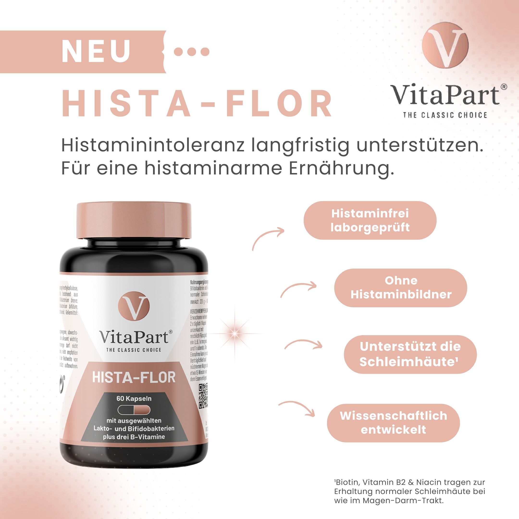 VitaPart Hista-Flor Flasche und Infografik. Text: Histaminintoleranz langfristig unterstützen. Histaminfrei, ohne Histaminbildner.