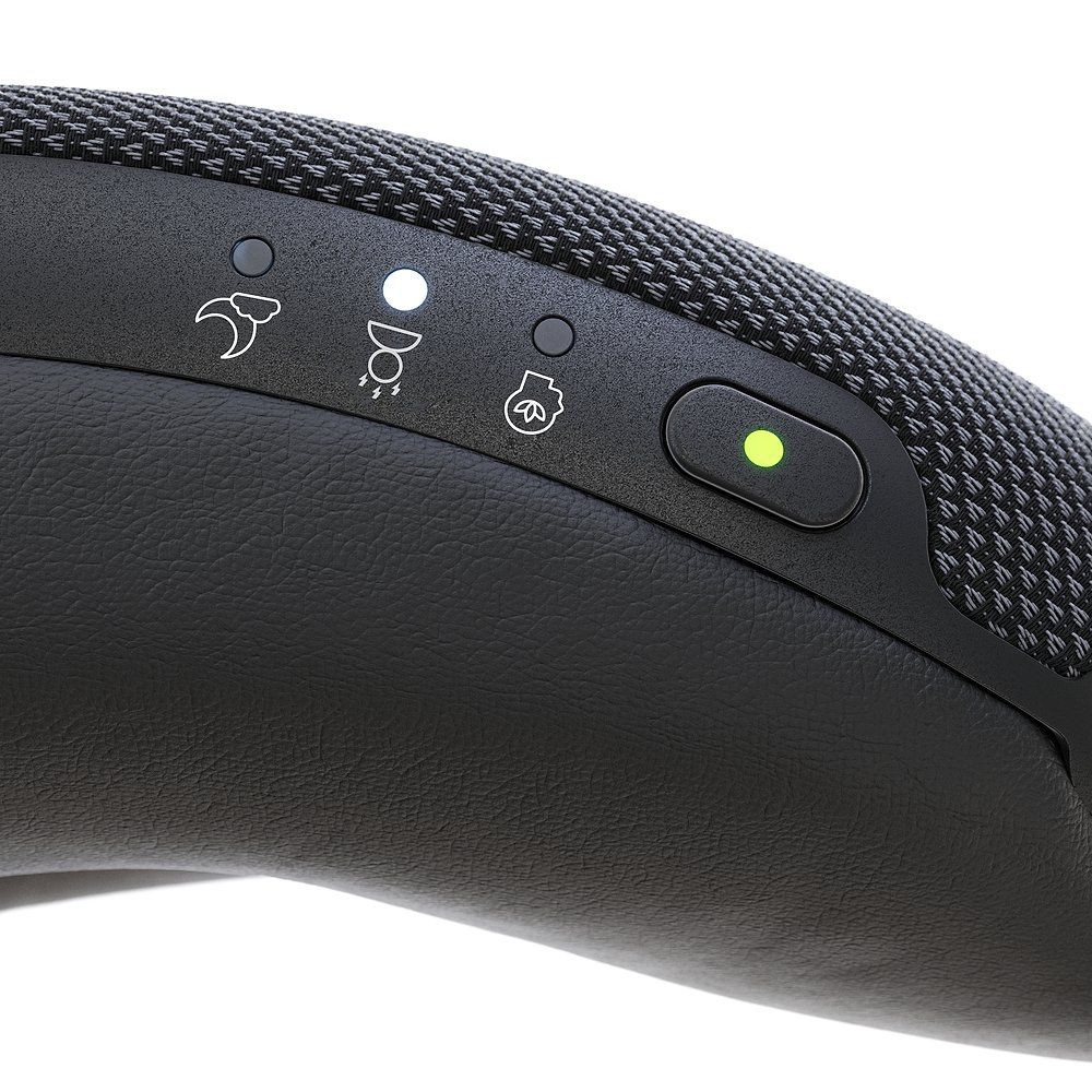 Detailansicht der Entspannungsbrille. Bedienfeld mit Symbolen und grüner LED-Anzeige.