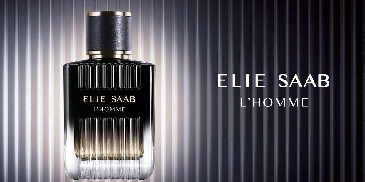Schwarzer Flakon mit goldfarbenen Akzenten. Aufschrift: ELIE SAAB L'HOMME. Text ELIE SAAB L'HOMME rechts.