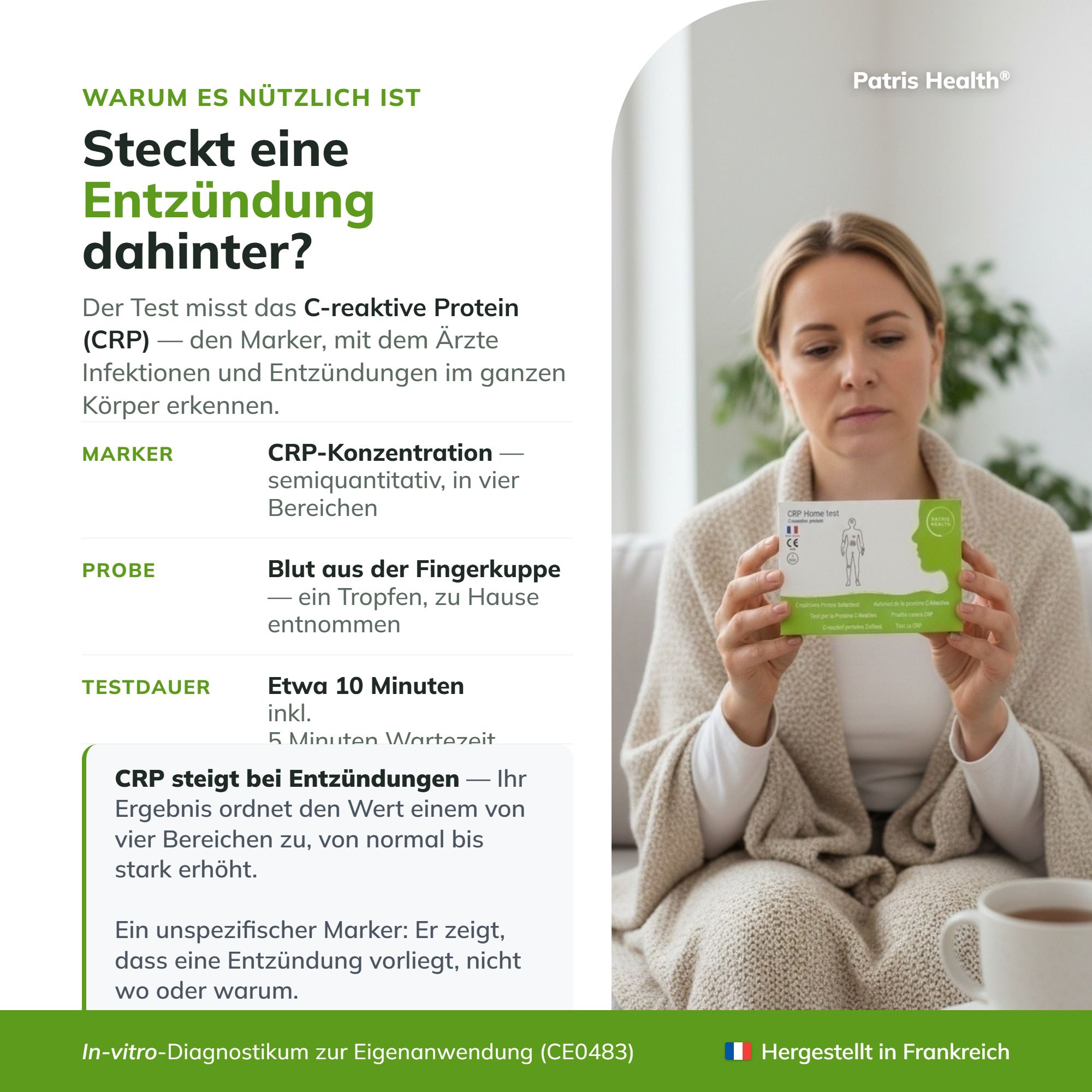 Frau hält CRP Schnelltest-Verpackung, erklärt Nutzen und Anwendung.