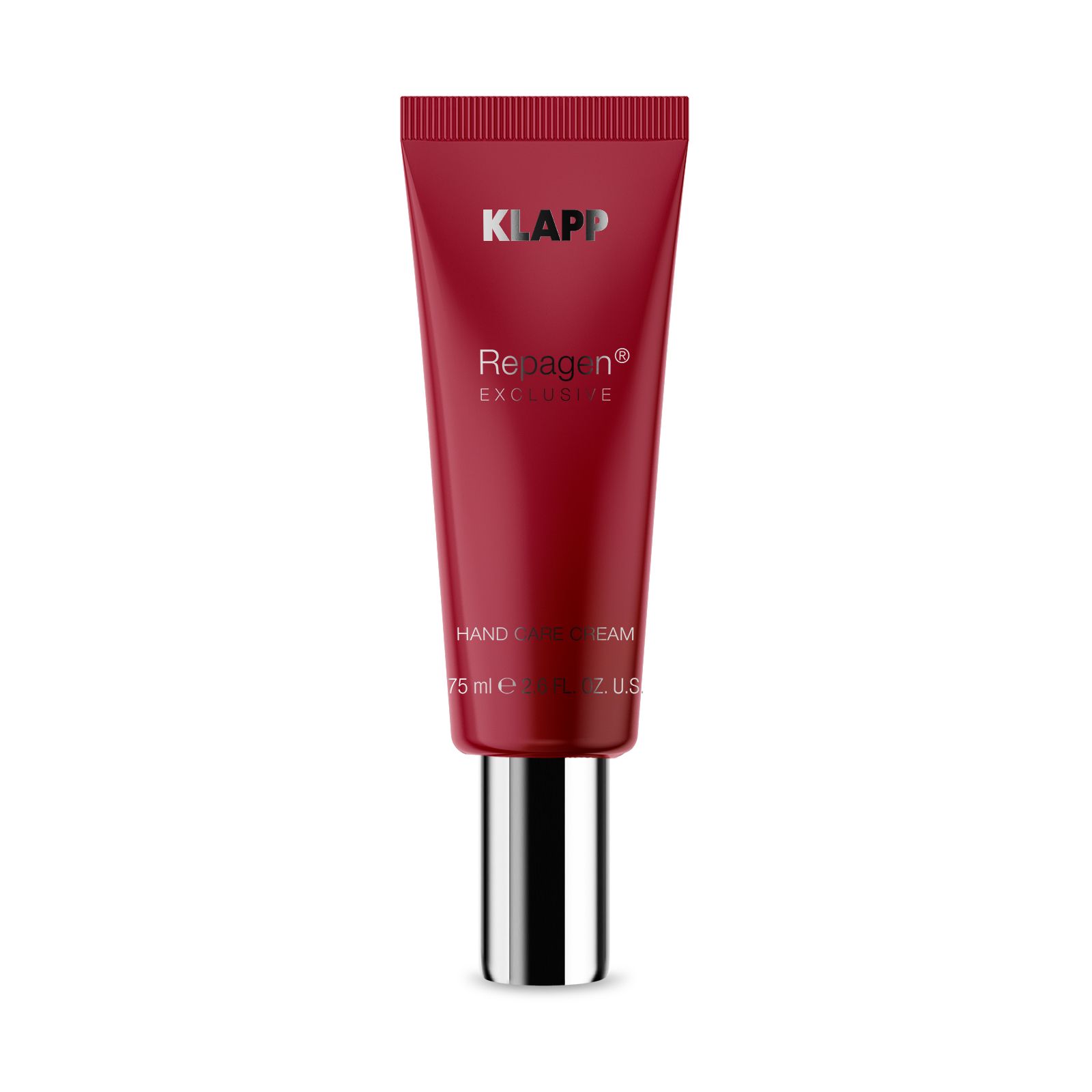 Rote Tube mit silbernem Verschluss. Aufschrift: Klapp, Repagen Exclusive Hand Care Cream. Volumen: 75 ml.