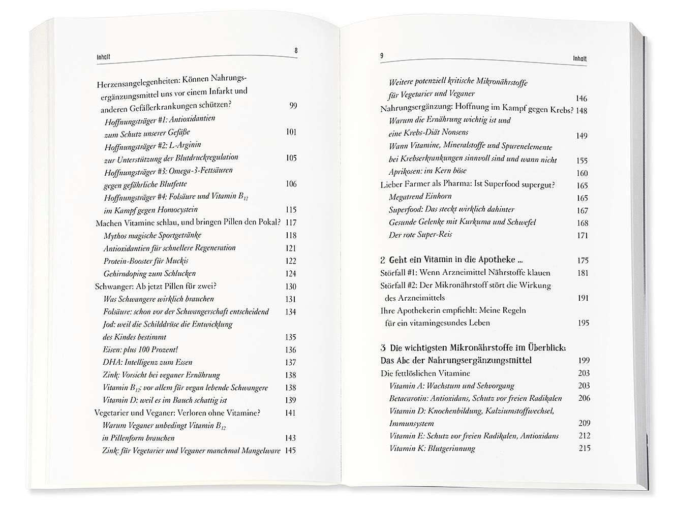 Buch: Doppelseite mit Inhaltsverzeichnis. Titel: "Ist das gesund oder kann das weg?" Kapitelüberschriften und Seitenzahlen.