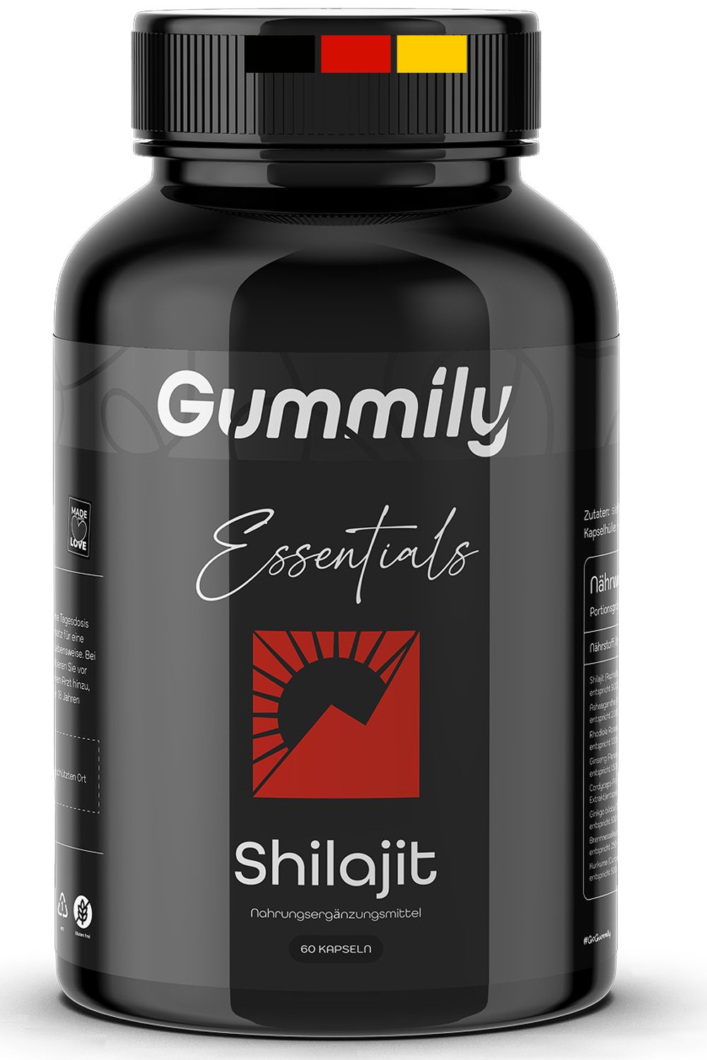 Schwarze Flasche mit Gummily Essentials Shilajit Kapseln. Roter Aufdruck, 60 Kapseln. Deckel mit Deutschlandflagge.