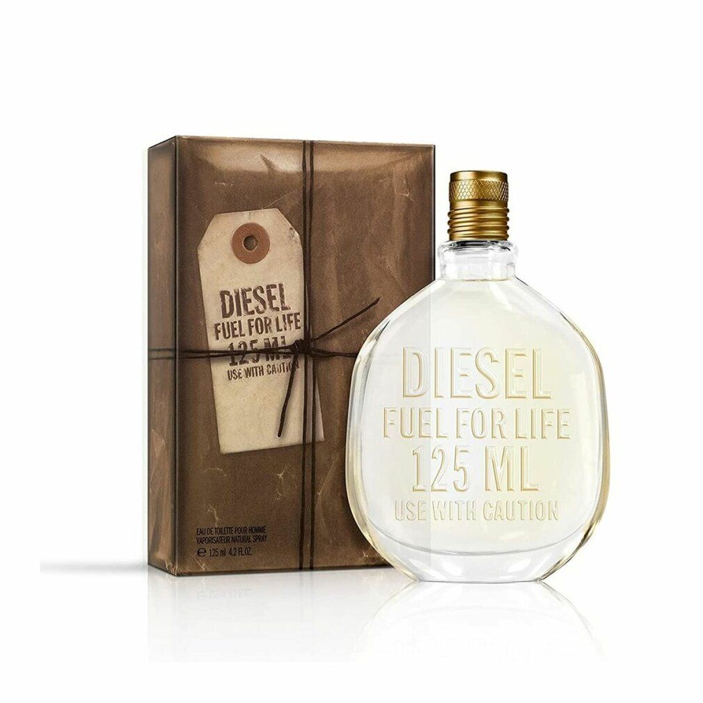Runder Flakon mit goldfarbenem Verschluss und Verpackung. Aufschrift: DIESEL FUEL FOR LIFE 125 ML. Mit Etikett.