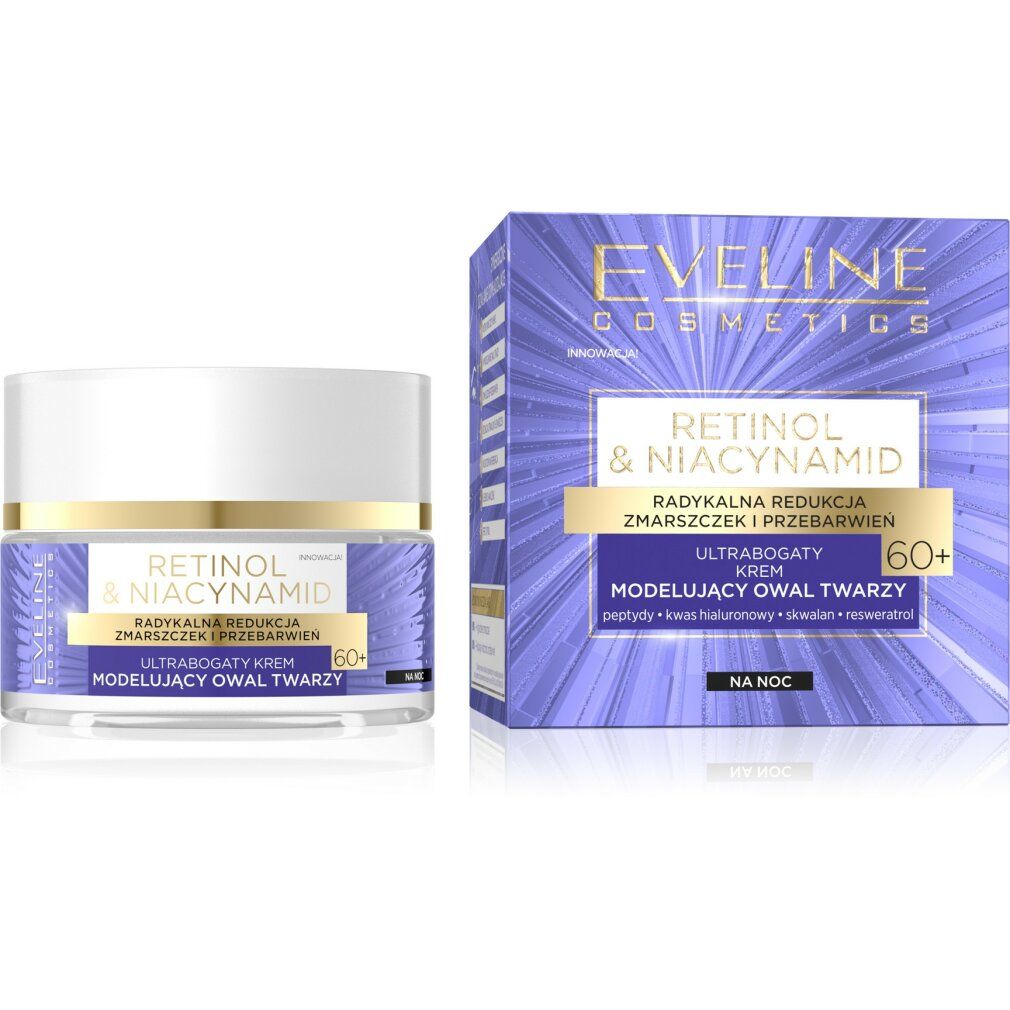 Creme-Dose und Verpackung. Aufschrift: Retinol & Niacinamid, 60+. Modellierender Creme für das Gesicht. Marke: Eveline Cosmetics.