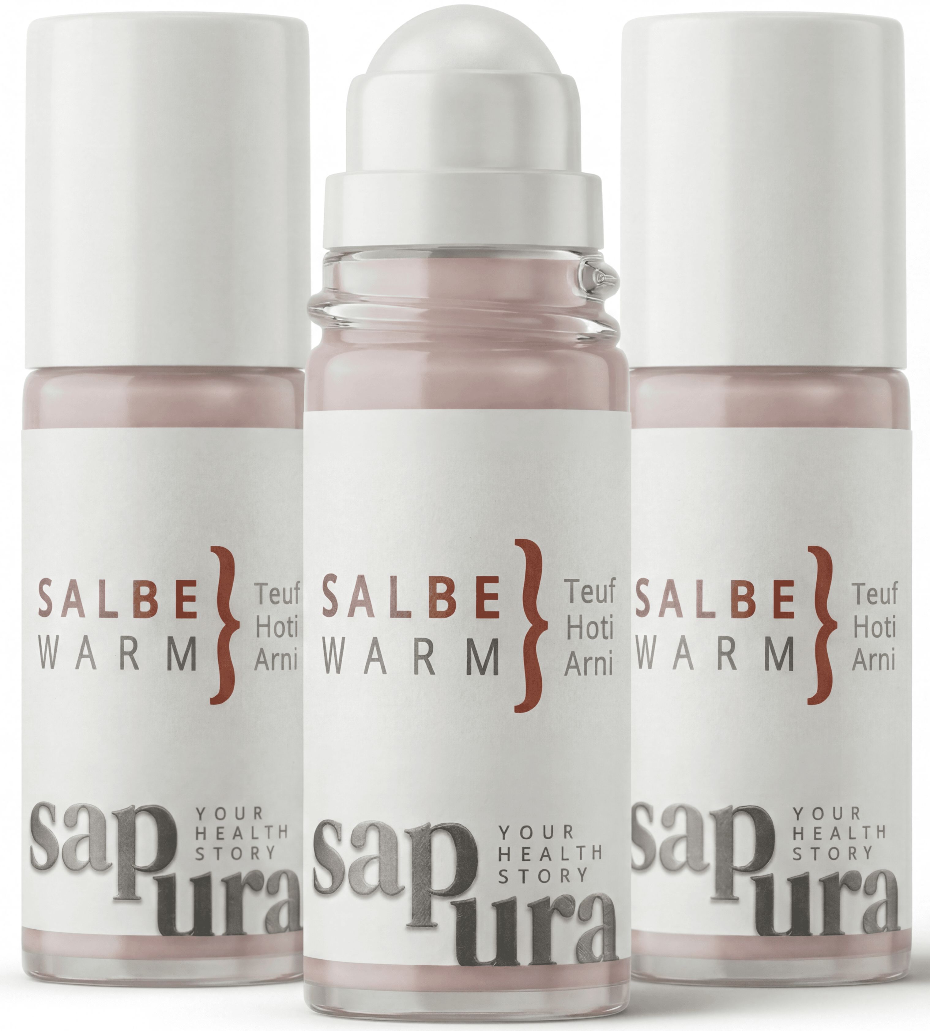 Drei Roll-On-Flaschen. Weißer Deckel, rosa Flüssigkeit, weißes Etikett mit Schriftzug. Marke: sapura.