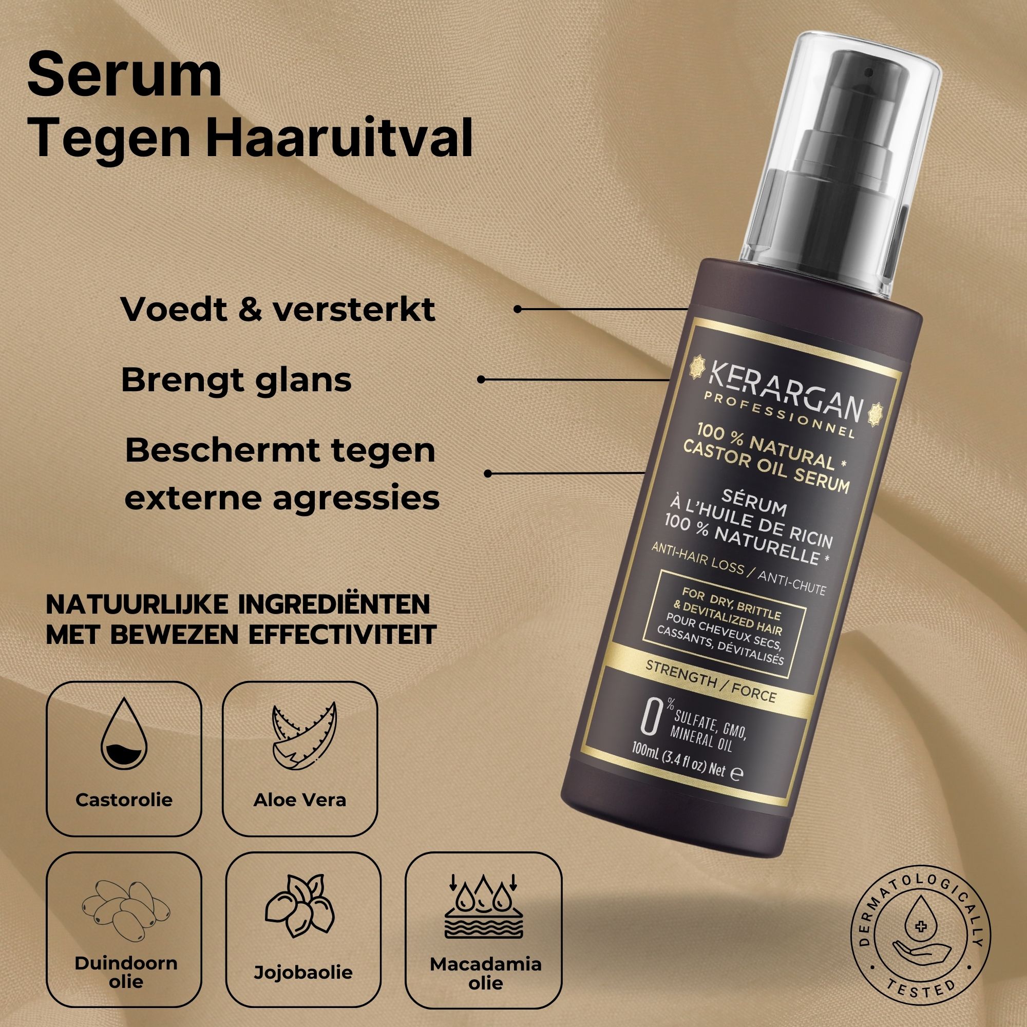 Kerargan Serum. Bruine fles met verstuiver en etiket. Tekst: 100% Natural Castor Oil Serum. Anti-haaruitval. 100ml.