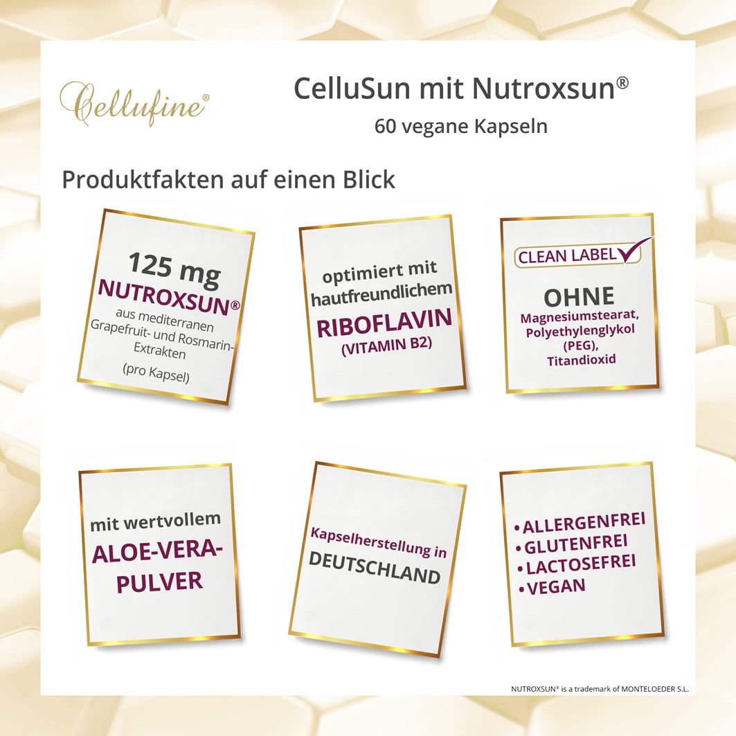 Infografik mit Produktfakten. Textfelder mit Informationen zu Inhaltsstoffen und Eigenschaften der Cellufine CelluSun Kapseln.