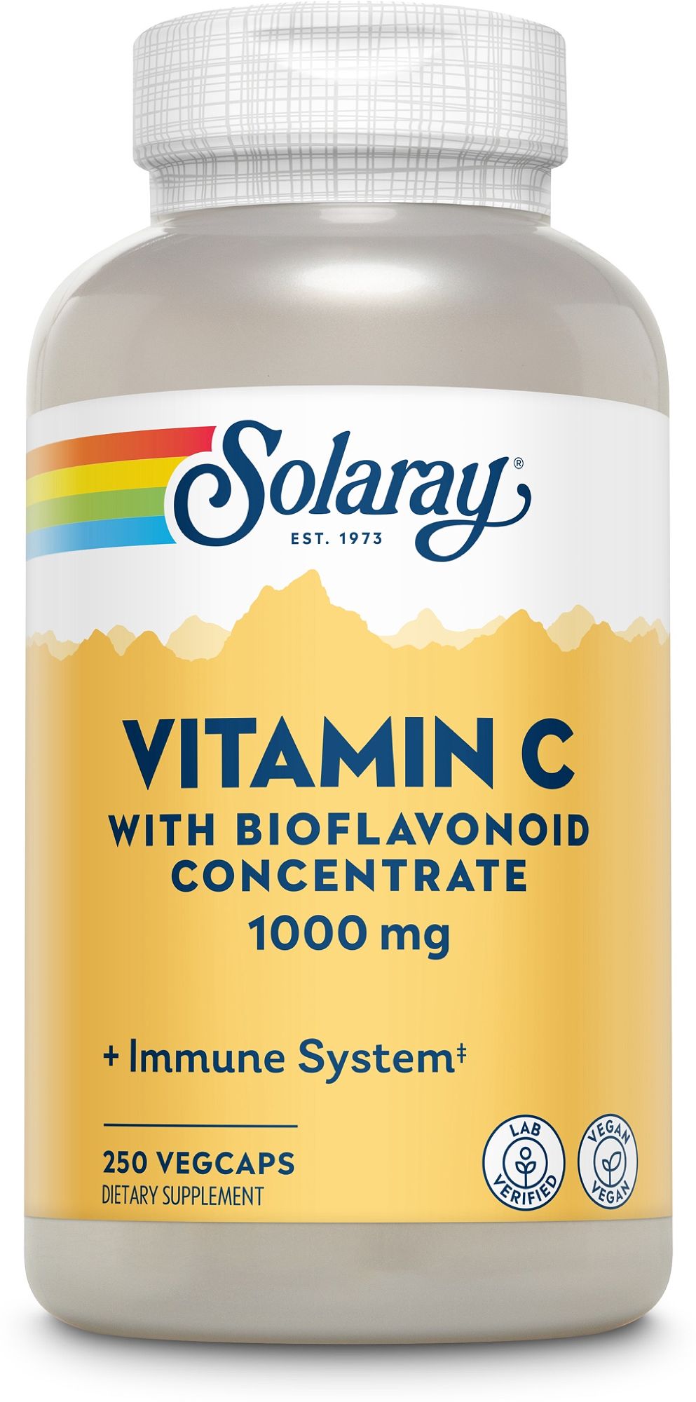 Solaray Vitamin C 1000 mg Flasche mit 250 Vegancaps. Enthält Hagebutte, Acerola und Bioflavonoide. Laborgeprüft und vegan.