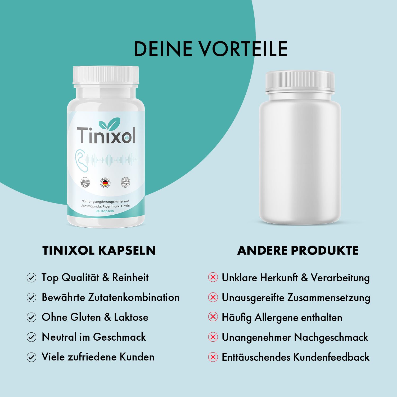 Vergleich: Tinixol Kapseln und andere Produkte. Tinixol: Top Qualität, reine Zutaten, ohne Gluten/Laktose, neutral im Geschmack, viele zufriedene Kunden.