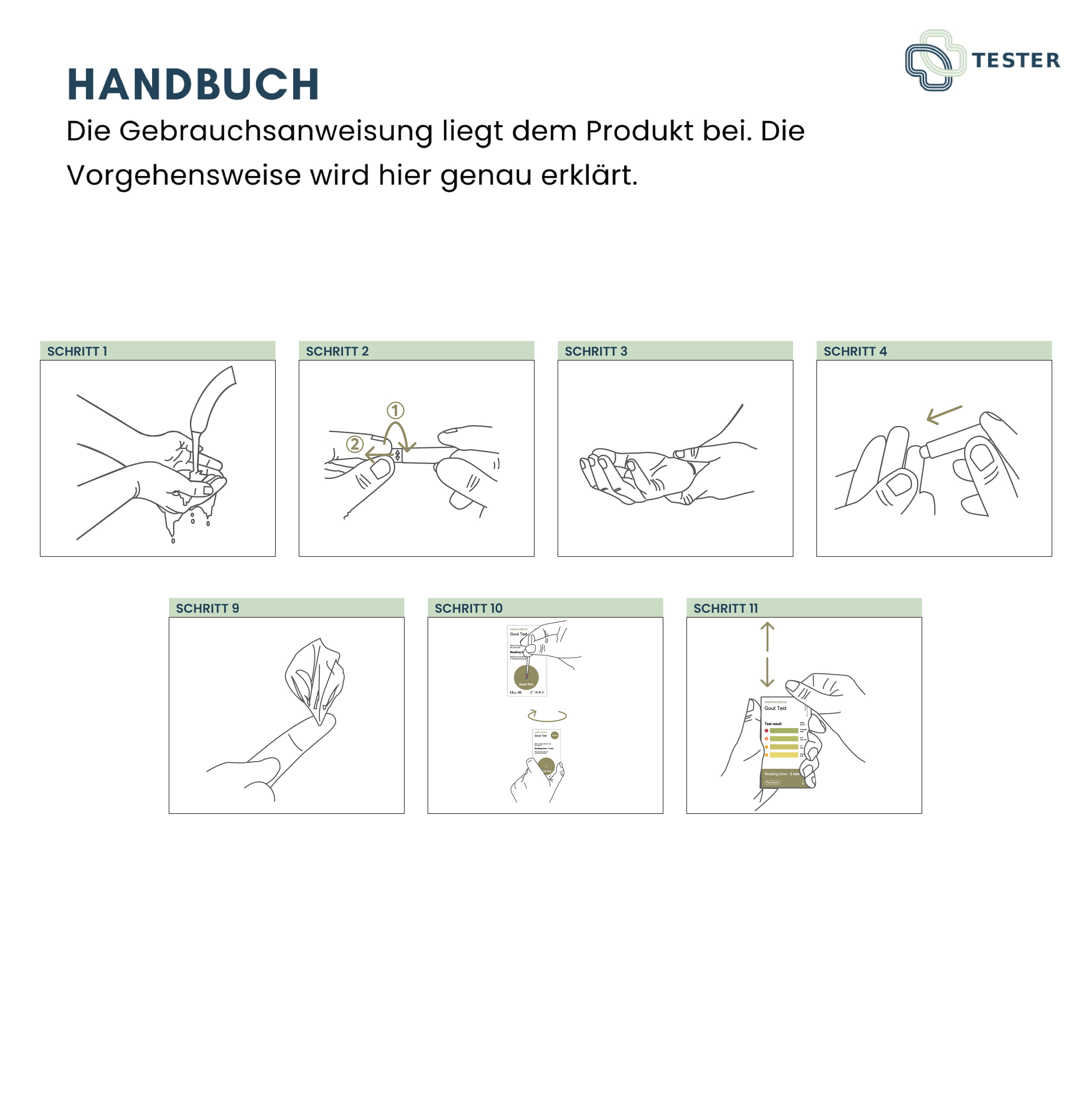Handleiding met instructies voor het gebruik van het product. Illustraties tonen de stappen. Logo 'TESTER'.