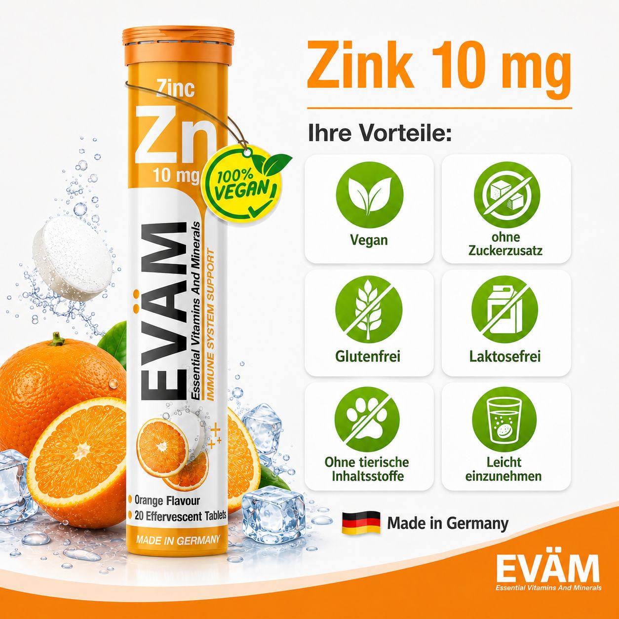 Zink-Tabletten-Verpackung. 100% Vegan-Logo, Orange, Eiswürfel, Vorteile, Logos, Made in Germany.