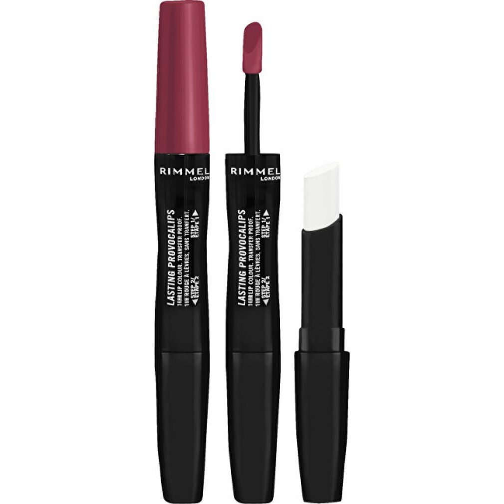 Rimmel London Lasting Provocalips. Schwarzer Behälter mit rosafarbener Kappe und Lippenstift. Ein Lippenbalsam und ein Applikator sind ebenfalls abgebildet.