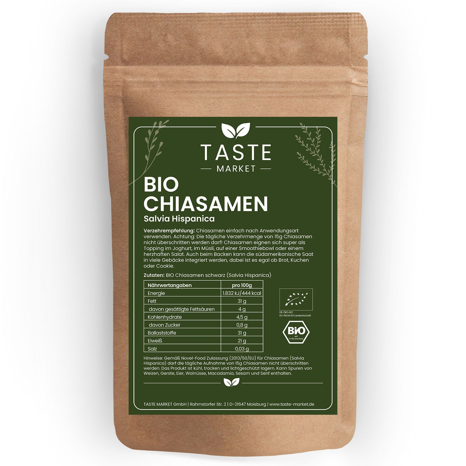 Braune Papiertüte mit Taste Market Bio Chiasamen und Nährwertangaben. Bio-Siegel sichtbar.