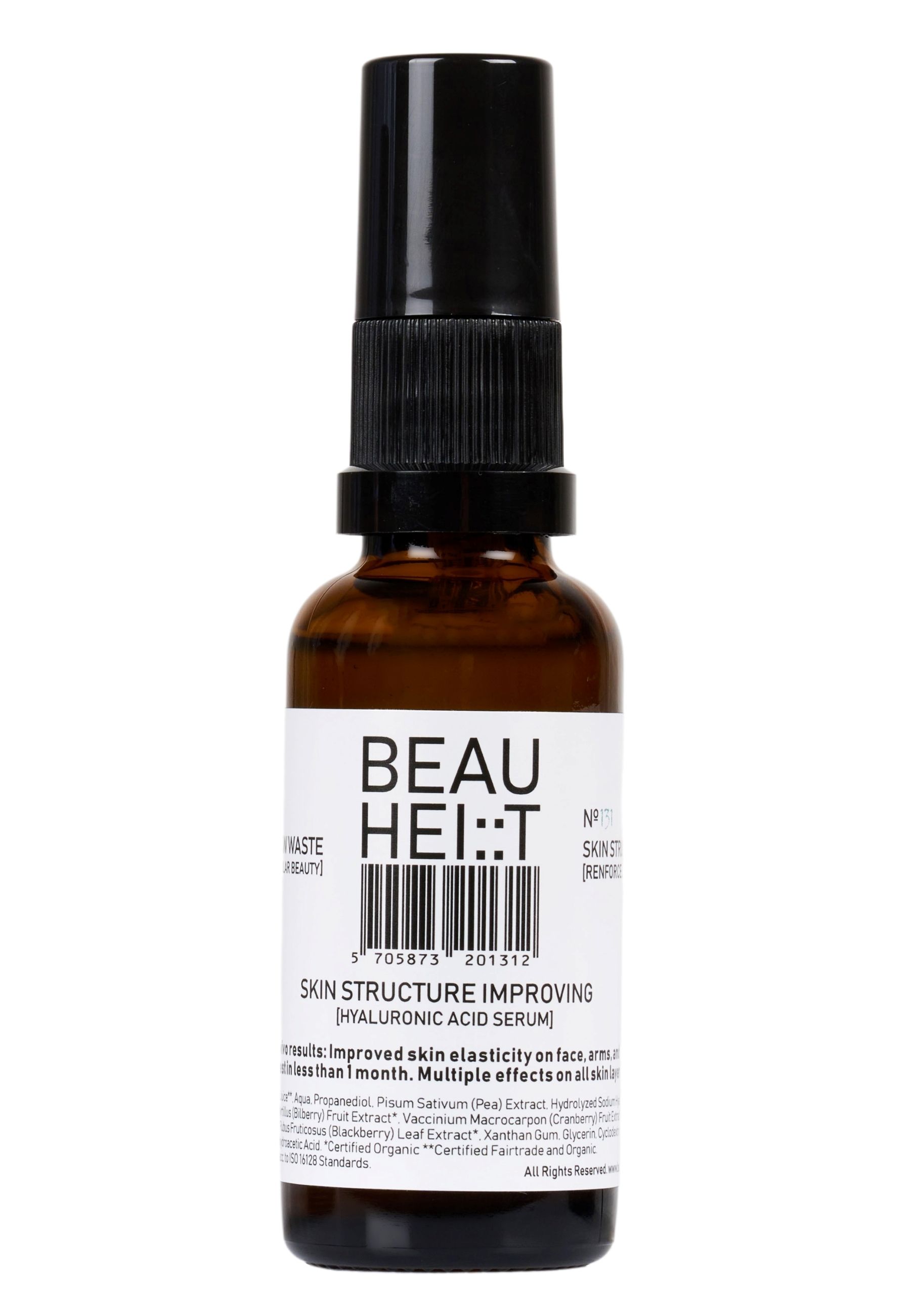 Braune Glasflasche mit schwarzem Deckel. Beschriftung: BEAUHEIT Skin Structure Improving Serum. Enthält Hyaluronsäure.