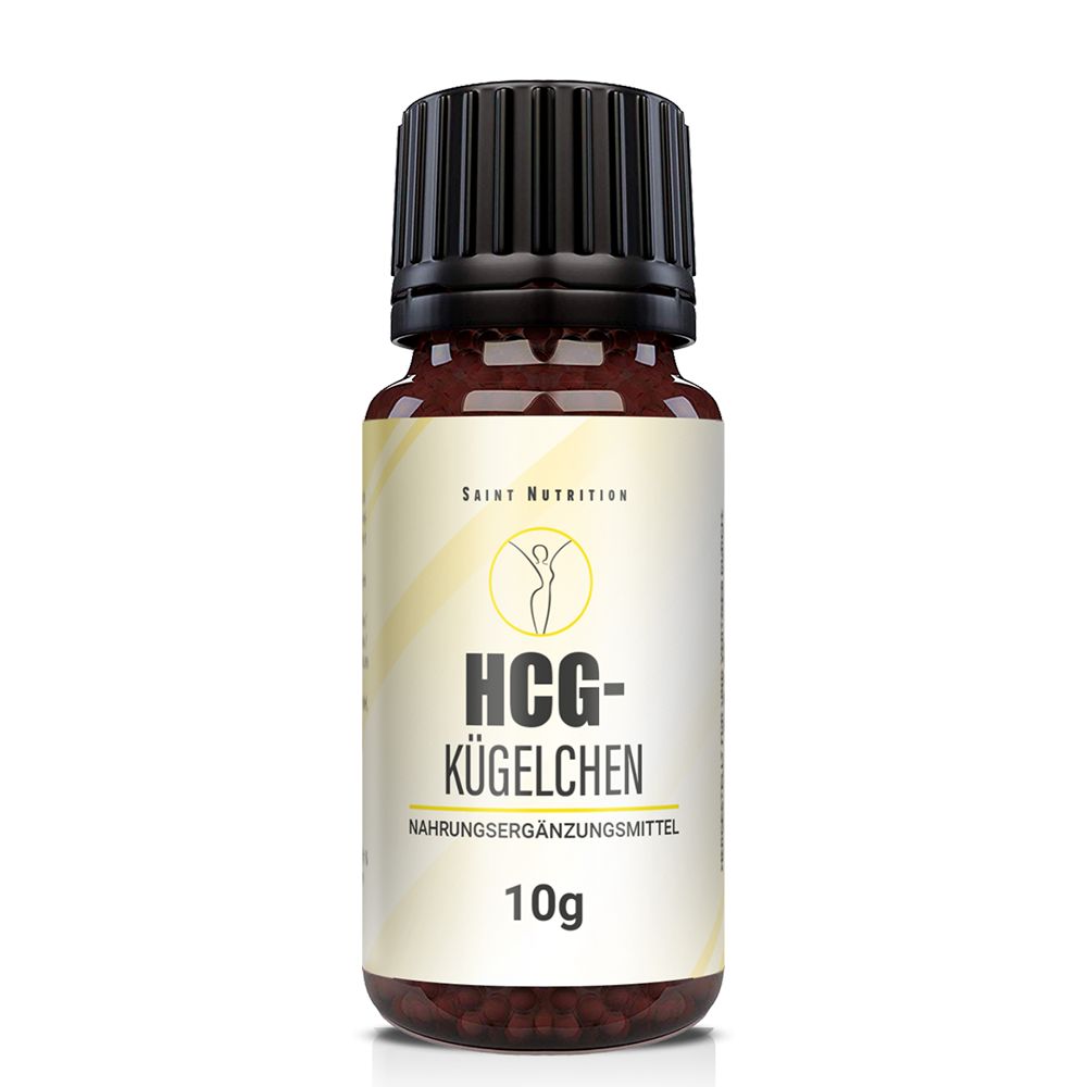 Braune Glasflasche mit schwarzem Deckel. Etikett mit "Saint Nutrition" und "HCG-Kügelchen". Enthält 10g.