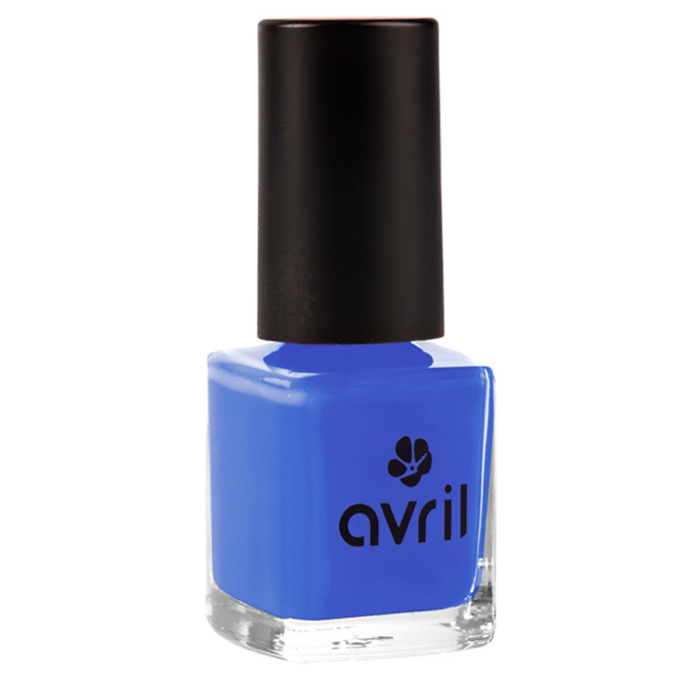 Blaue Nagellackflasche mit schwarzem Deckel. Aufschrift 'avril'.