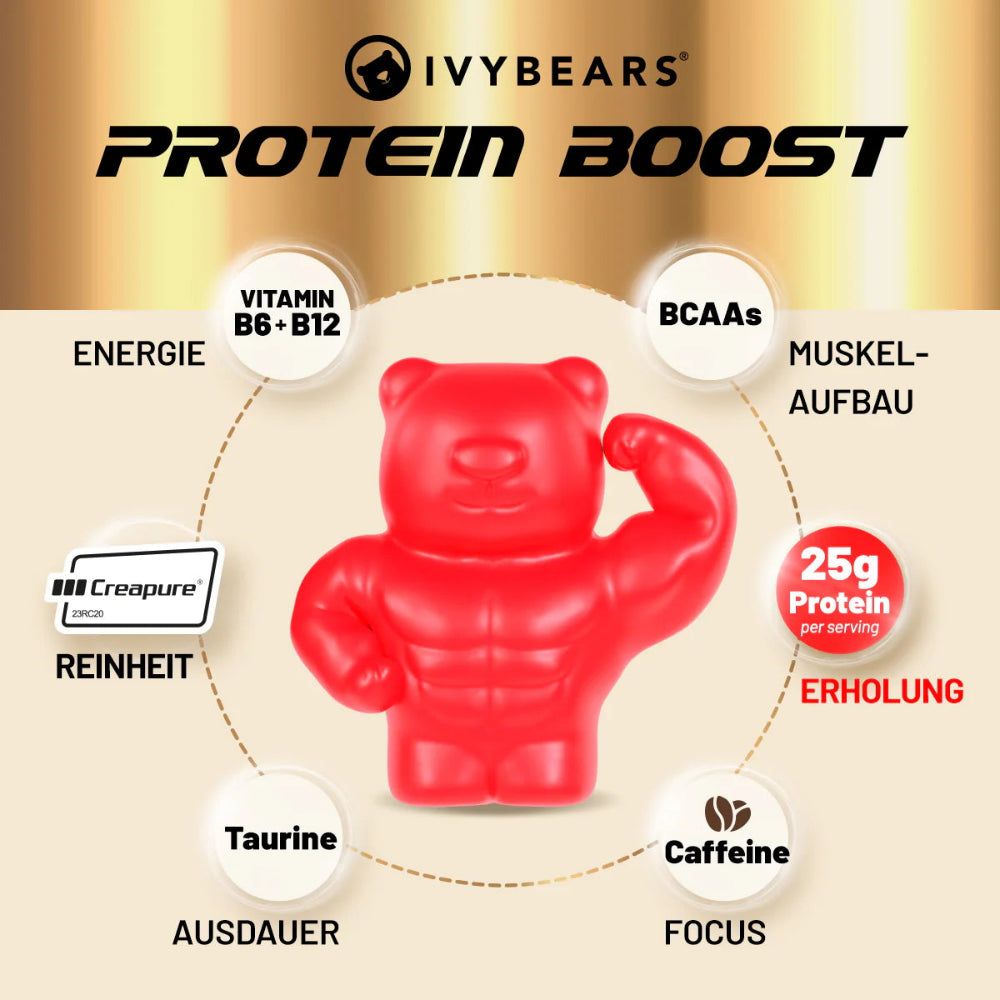 Kreisförmige Darstellung mit rotem Gummibärchen. Text: Protein Boost, BCAA's, Vitamin B6+B12, Taurin, Koffein.