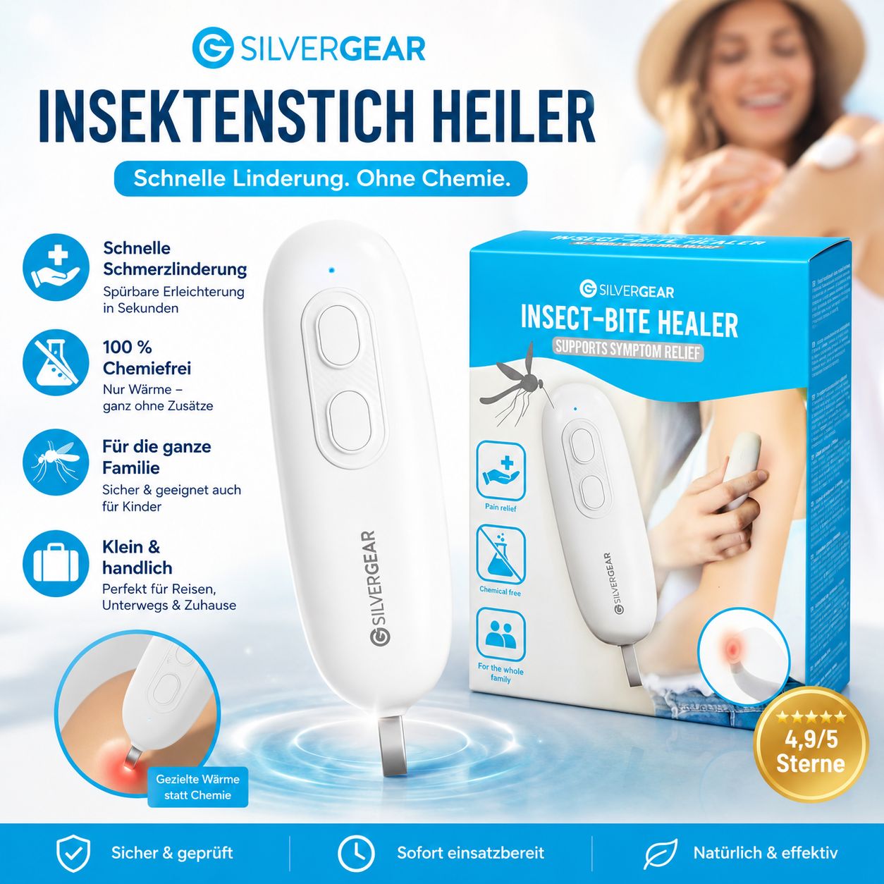 Silvergear Insektenstichheiler: Weißes Gerät mit zwei Knöpfen, Verpackung, Frau mit Hut im Hintergrund.