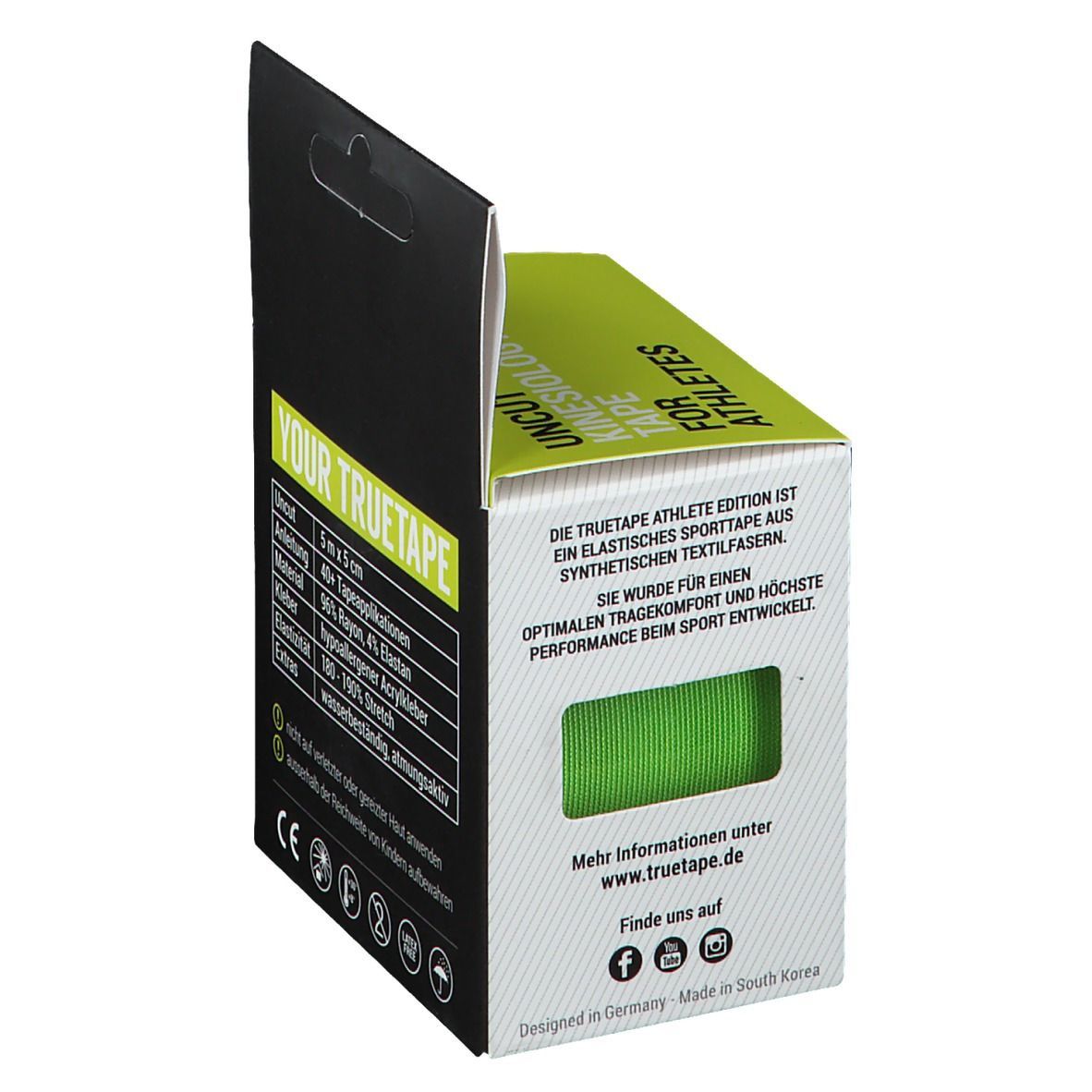 Verpackung von TRUETAPE® Kinesiotape Pro grün. Aufschrift: UNCUT KINESIOLOGY TAPE FOR ATHLETES. Sichtbares grünes Tape.