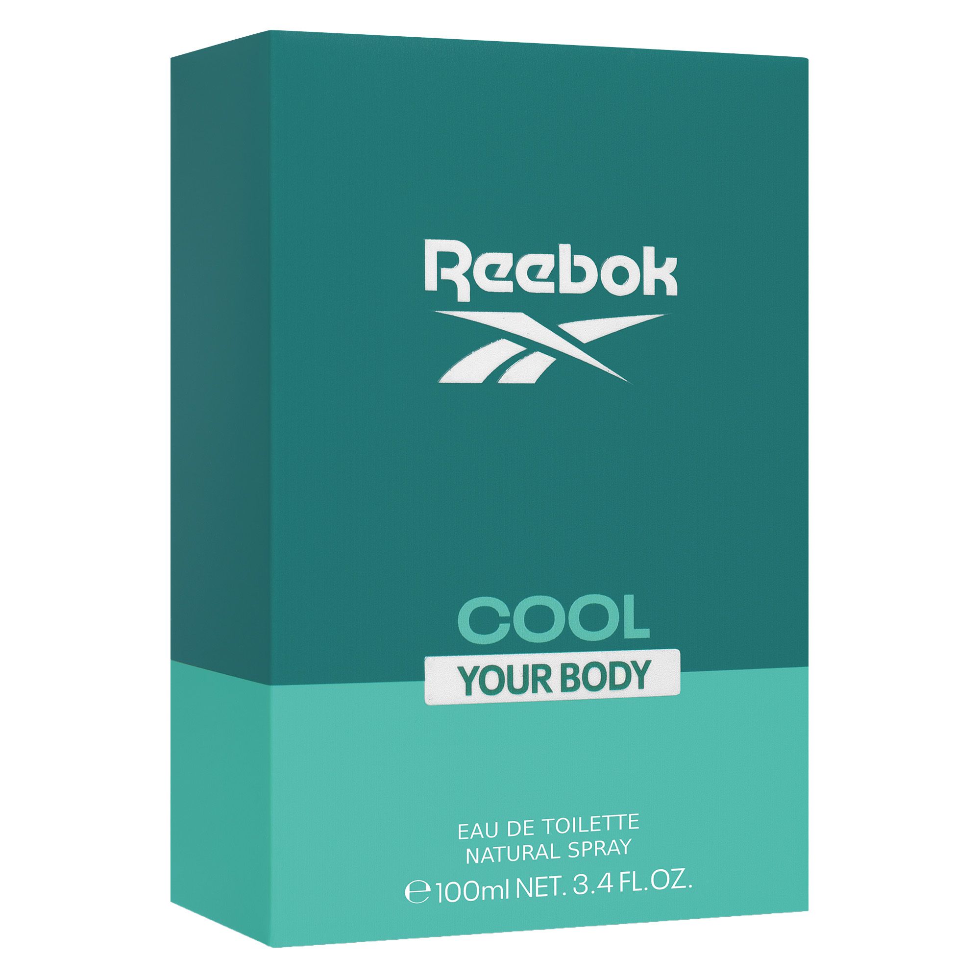 Verpackung mit Aufschrift Reebok und COOL YOUR BODY. Zweifarbige Verpackung, grün und hellgrün. Text: Eau de Toilette.