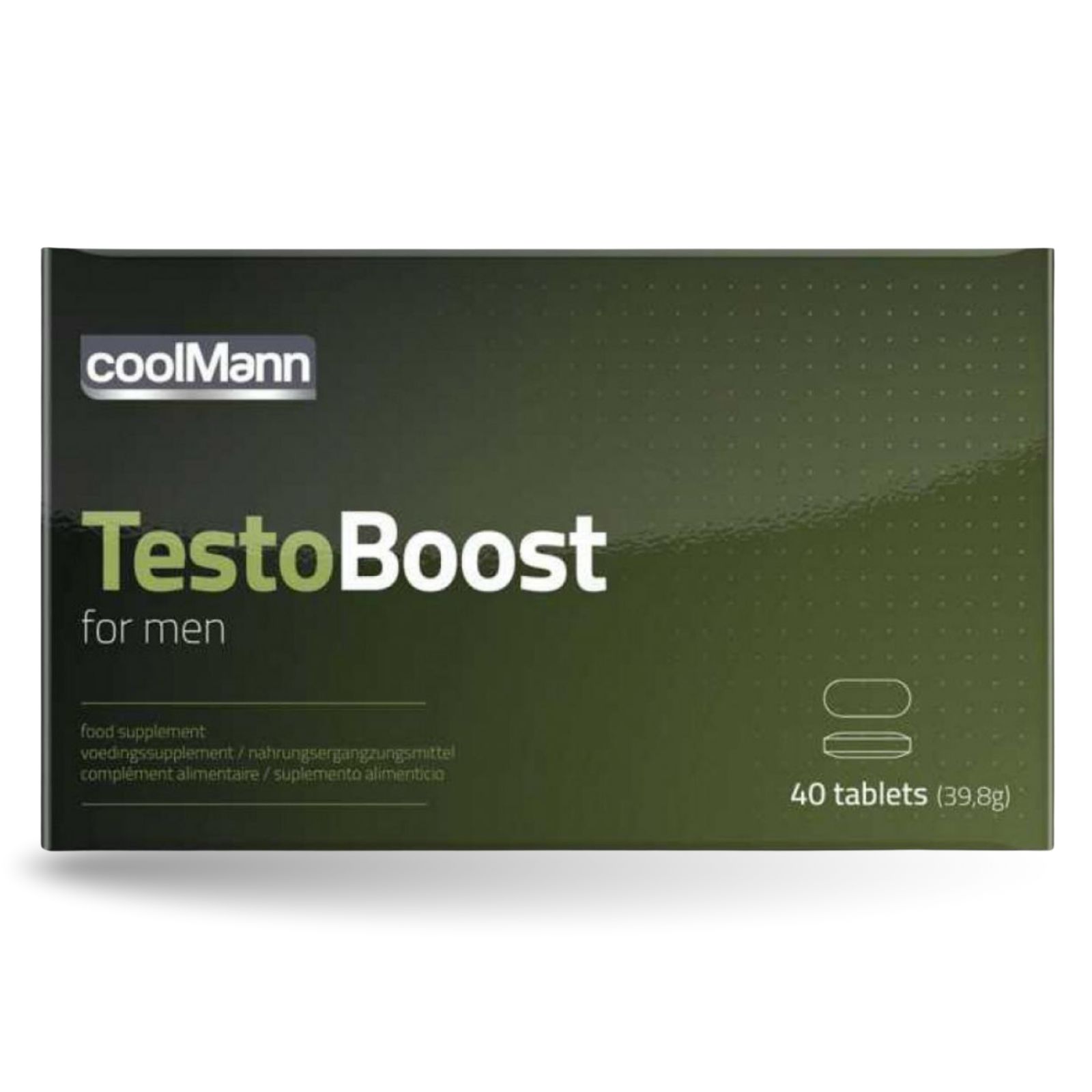 Schachtel mit Coolmann TestoBoost für Männer. Enthält 40 Tabletten. Grün und weißes Design.