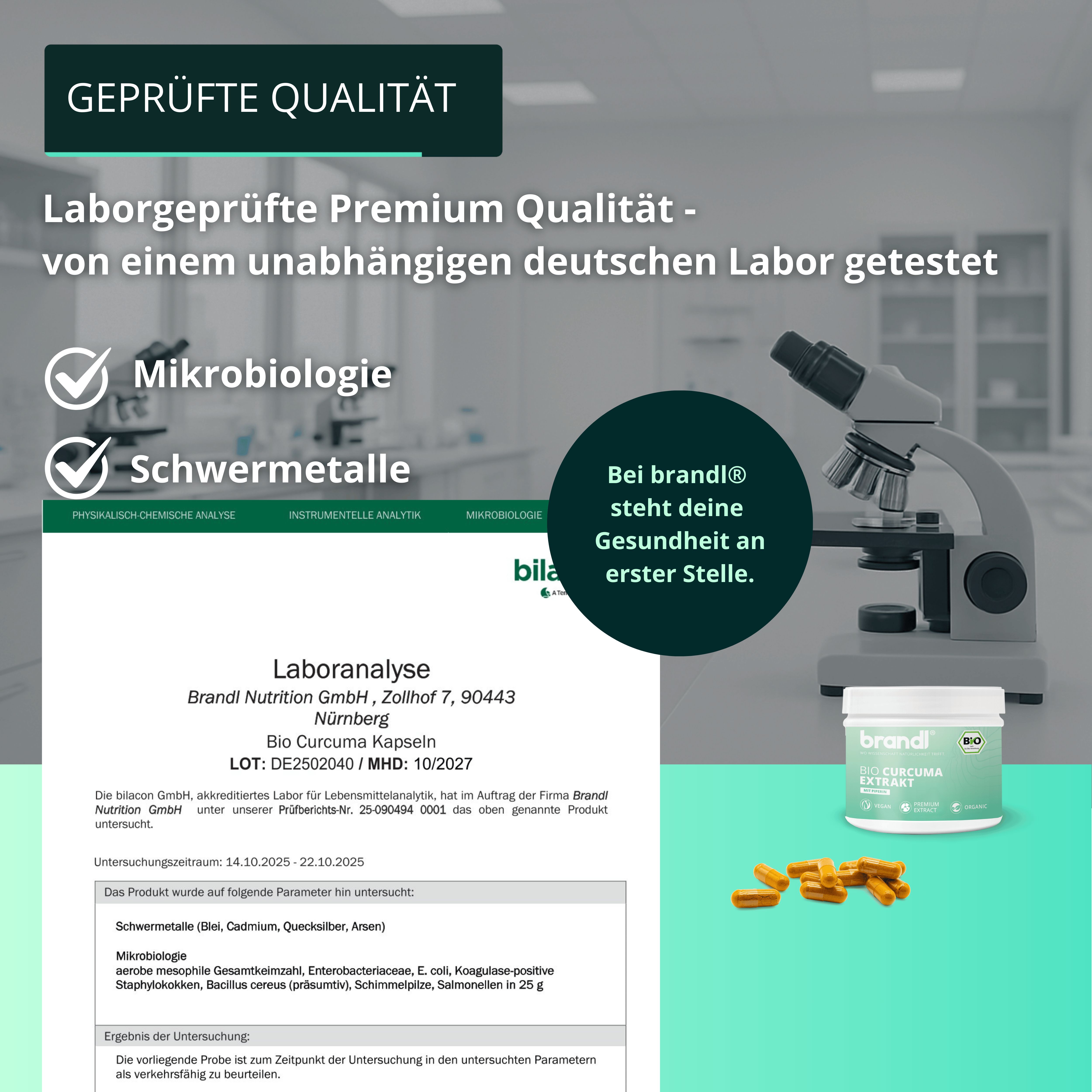 Mikroskop und Laboranalyse. Text: Laborgeprüfte Premium Qualität. Dose mit Kapseln. Text: Bio Curcuma Kapseln.