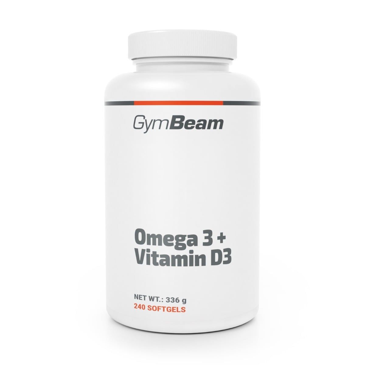 GymBeam Omega 3 + Vitamin D3 Fischöl-Komplex Kapseln: Weißer Behälter mit 240 Softgels.