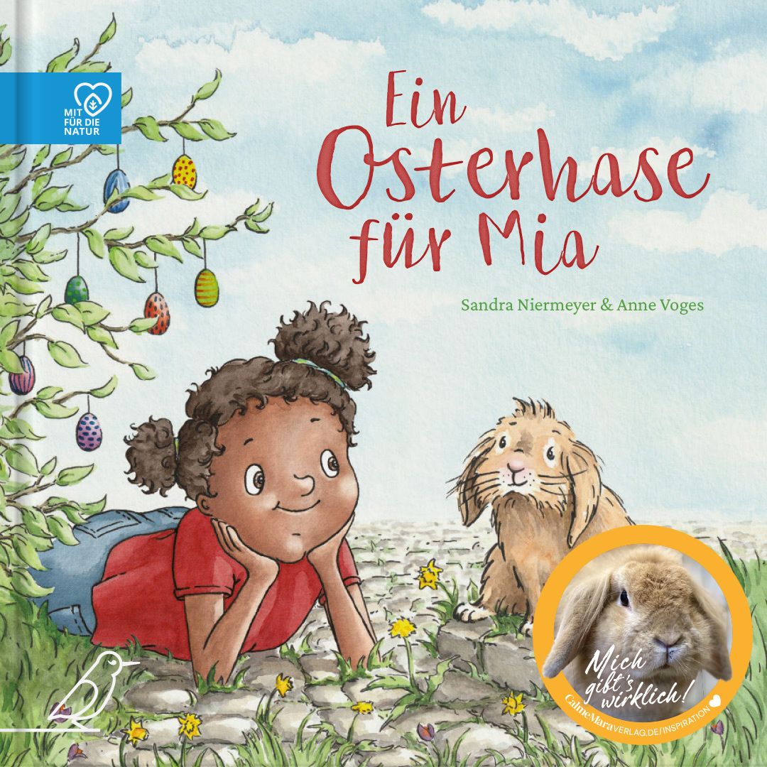 Buchcover: "Ein Osterhase für Mia". Illustration eines Mädchens, Hasen und Zweig mit Ostereiern. Titel und Autoren.