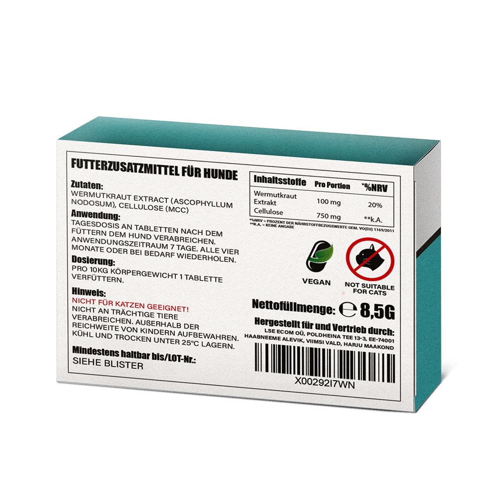 Rückseite der "Relax Forte +"-Verpackung. Enthält Informationen zu Inhaltsstoffen, Dosierung und Warnhinweisen. Vegan-Siegel.