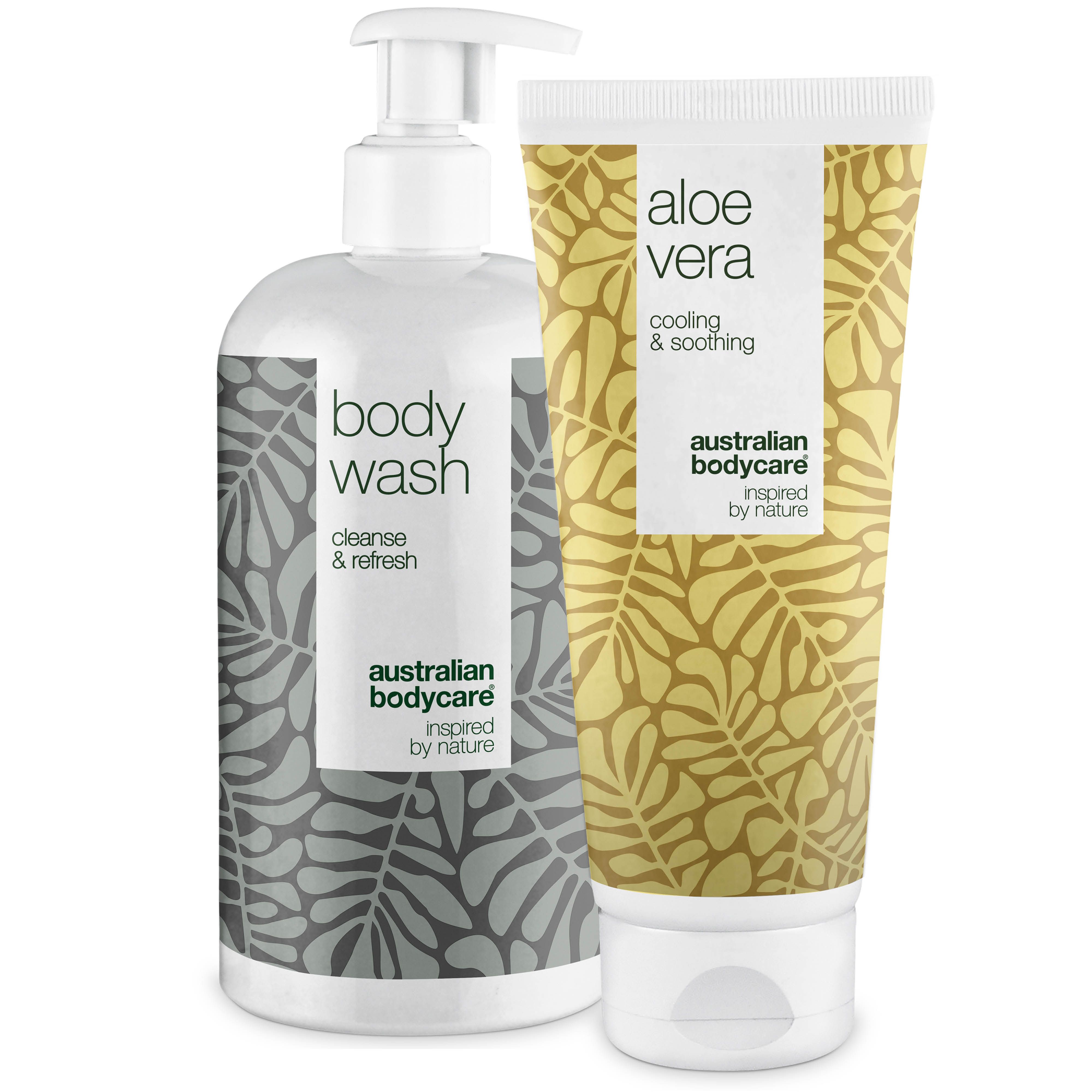 Zwei Produkte: Body Wash und Aloe Vera Gel. Body Wash Flasche mit Pumpe, graues Blattmuster. Aloe Vera Tube mit gelbem Blattmuster.