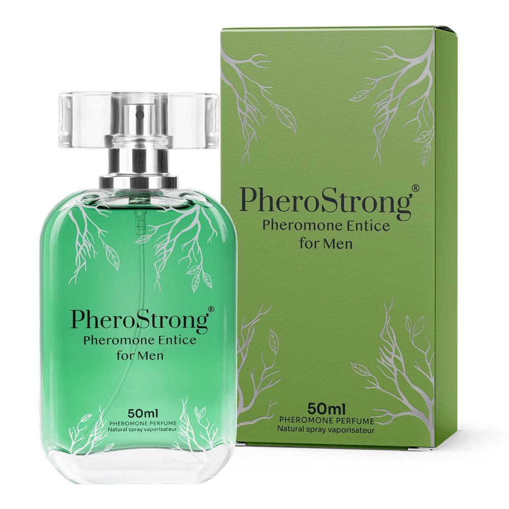 Grüne Glasflasche und Karton. Aufschrift: PheroStrong Pheromone Entice for Men, 50ml. Dekorative Äste.
