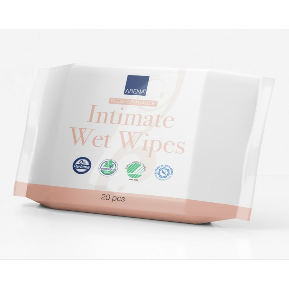 Verpackung Feuchttücher. "Abena"-Logo. "Intimate Wet Wipes"-Schriftzug. 20 Stück. Zertifizierungen: 0% Parfüm, dermatologisch getestet, vegan.