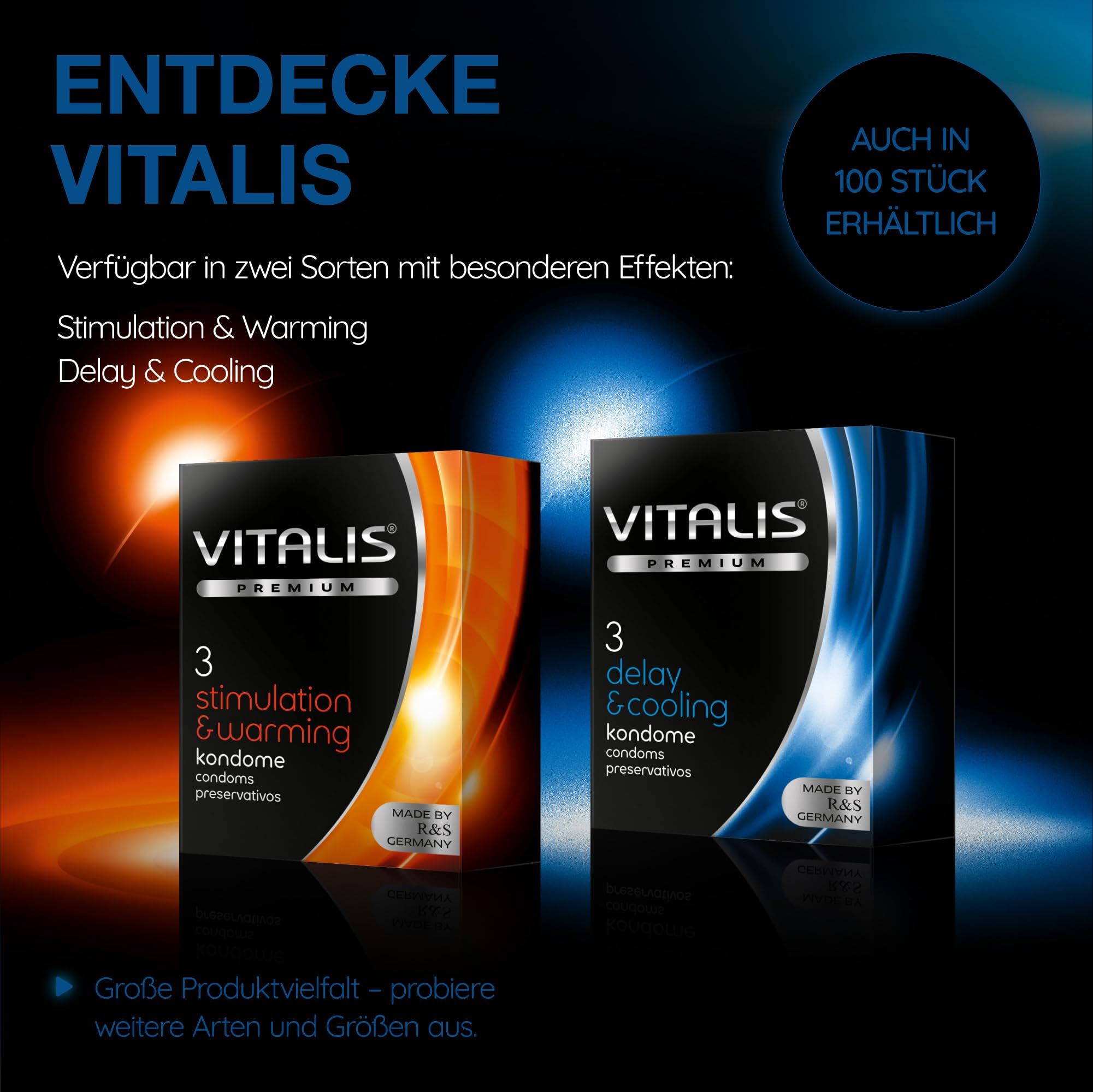 Vitalis Kondome: Delay & Cooling und Stimulation & Warming Sorten. Auch in 100 Stück erhältlich.