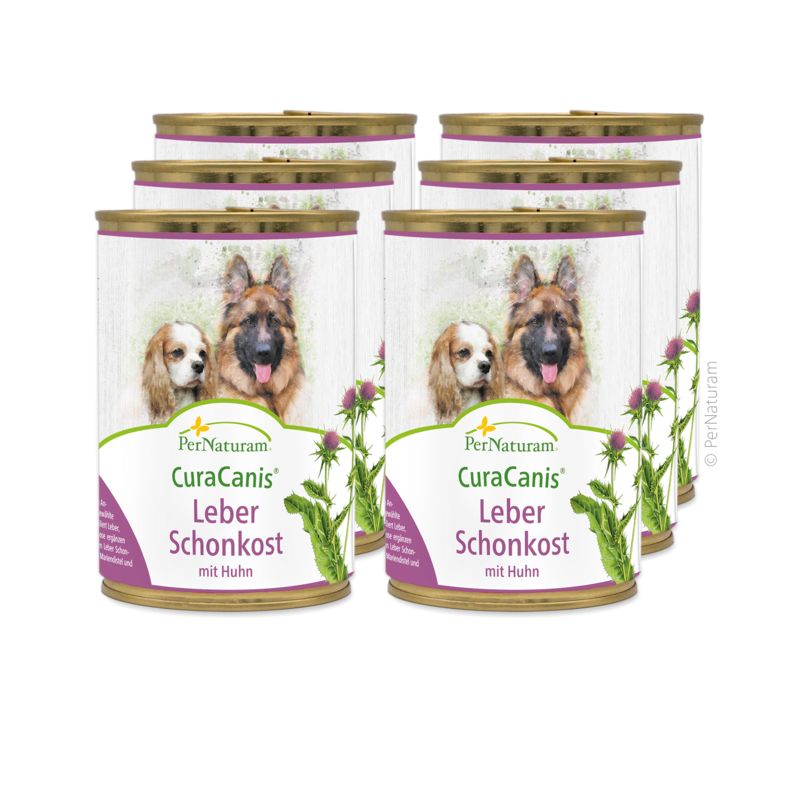 Mehrere Dosen CuraCanis Leber Schonkost mit Huhn. Aufschrift und Hundeabbildung auf den Dosen.